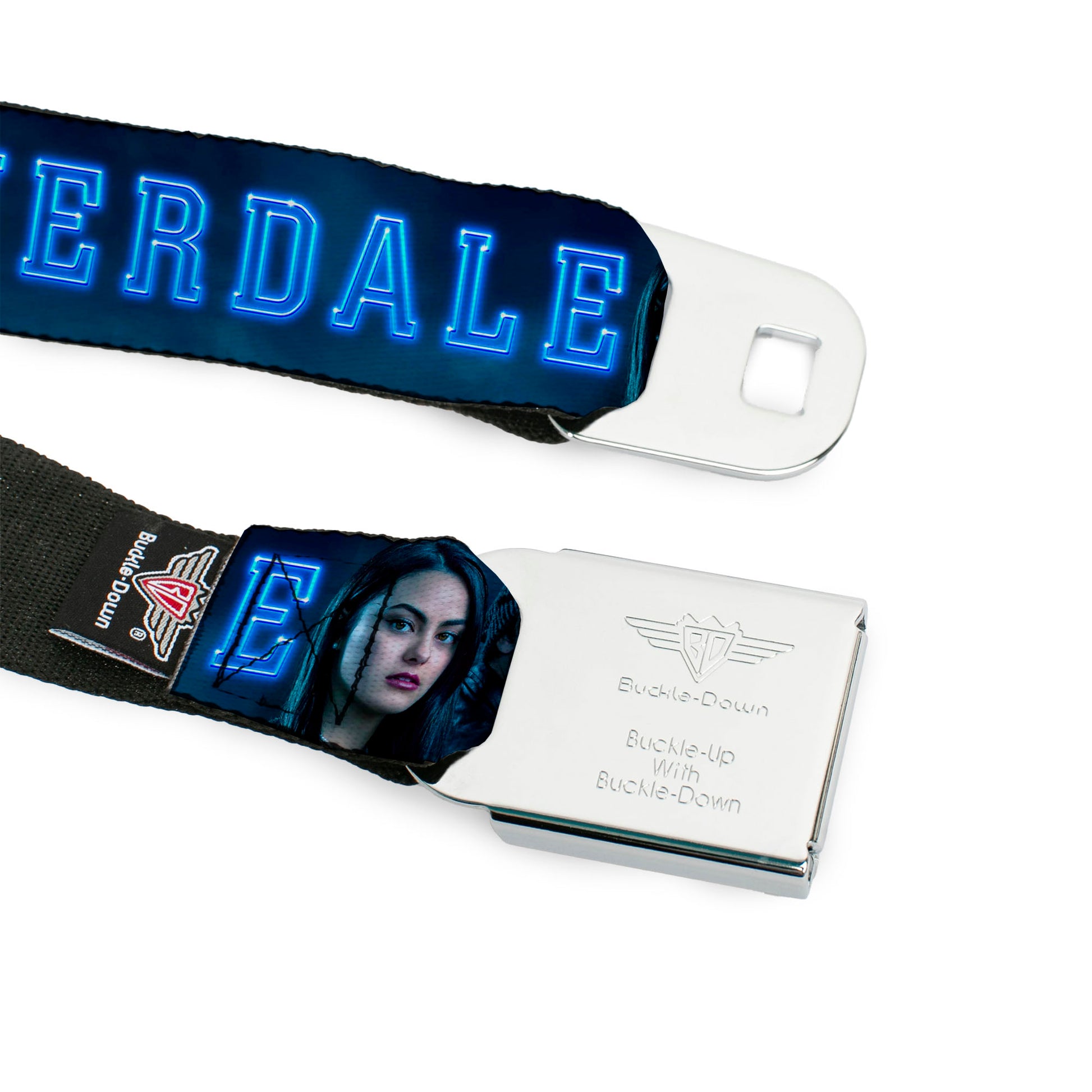 RIVERDALE "R" Logo Full Color Blue White Yellow Seatbelt Belt - RIVERDALE 7-Character Group Pose Blues Webbing Seatbelt Belts Riverdale