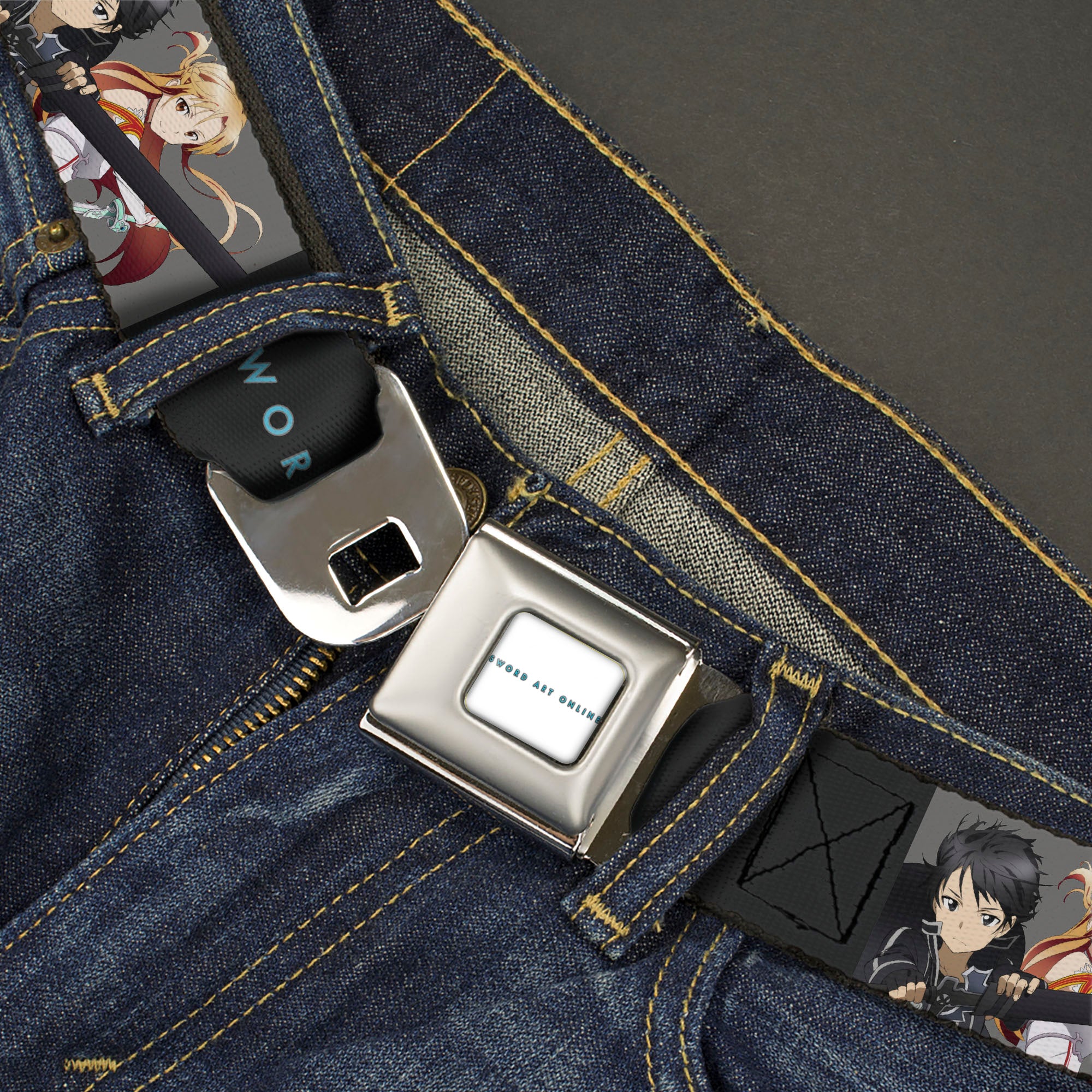 SWORD ART ONLINE Title Logo Full Color White/Blue Seatbelt Belt - SWORD ART ONLINE Kirito and Asuna Swords Pose and Title Logo Black Webbing