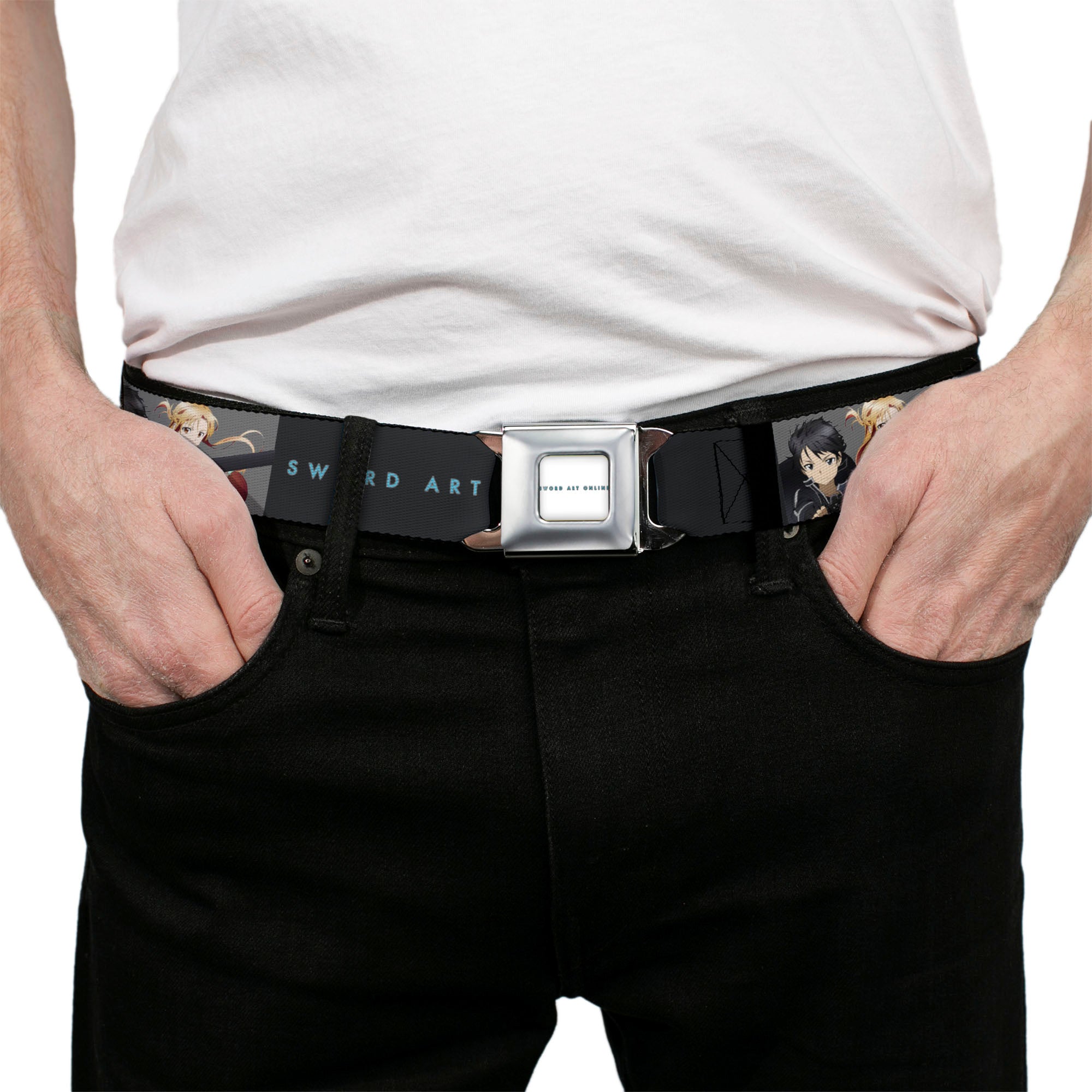 SWORD ART ONLINE Title Logo Full Color White/Blue Seatbelt Belt - SWORD ART ONLINE Kirito and Asuna Swords Pose and Title Logo Black Webbing