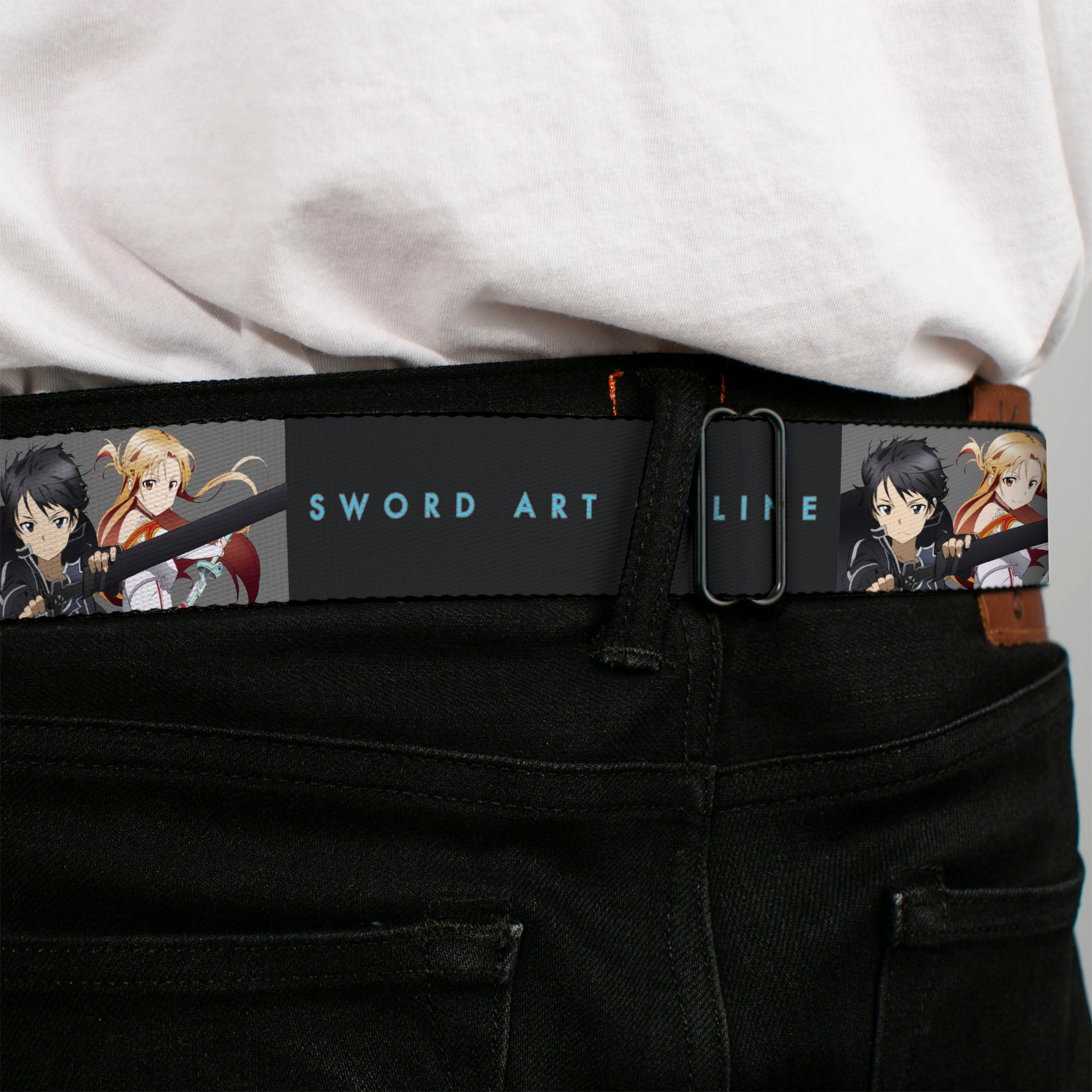 SWORD ART ONLINE Title Logo Full Color White/Blue Seatbelt Belt - SWORD ART ONLINE Kirito and Asuna Swords Pose and Title Logo Black Webbing