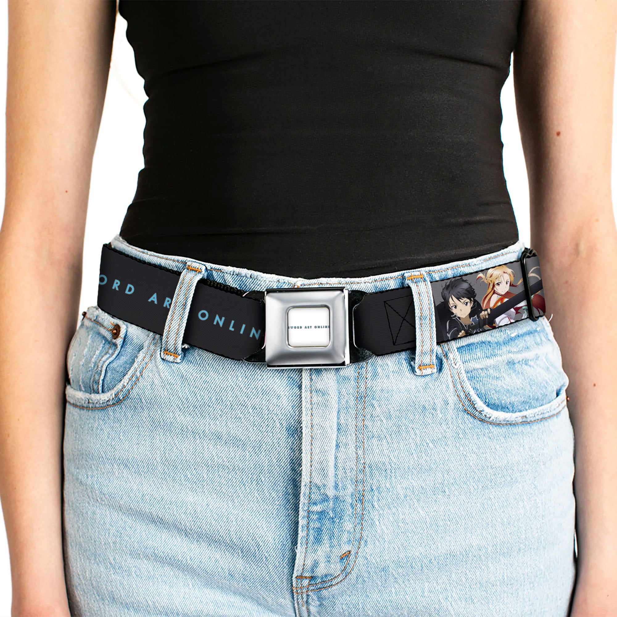 SWORD ART ONLINE Title Logo Full Color White/Blue Seatbelt Belt - SWORD ART ONLINE Kirito and Asuna Swords Pose and Title Logo Black Webbing