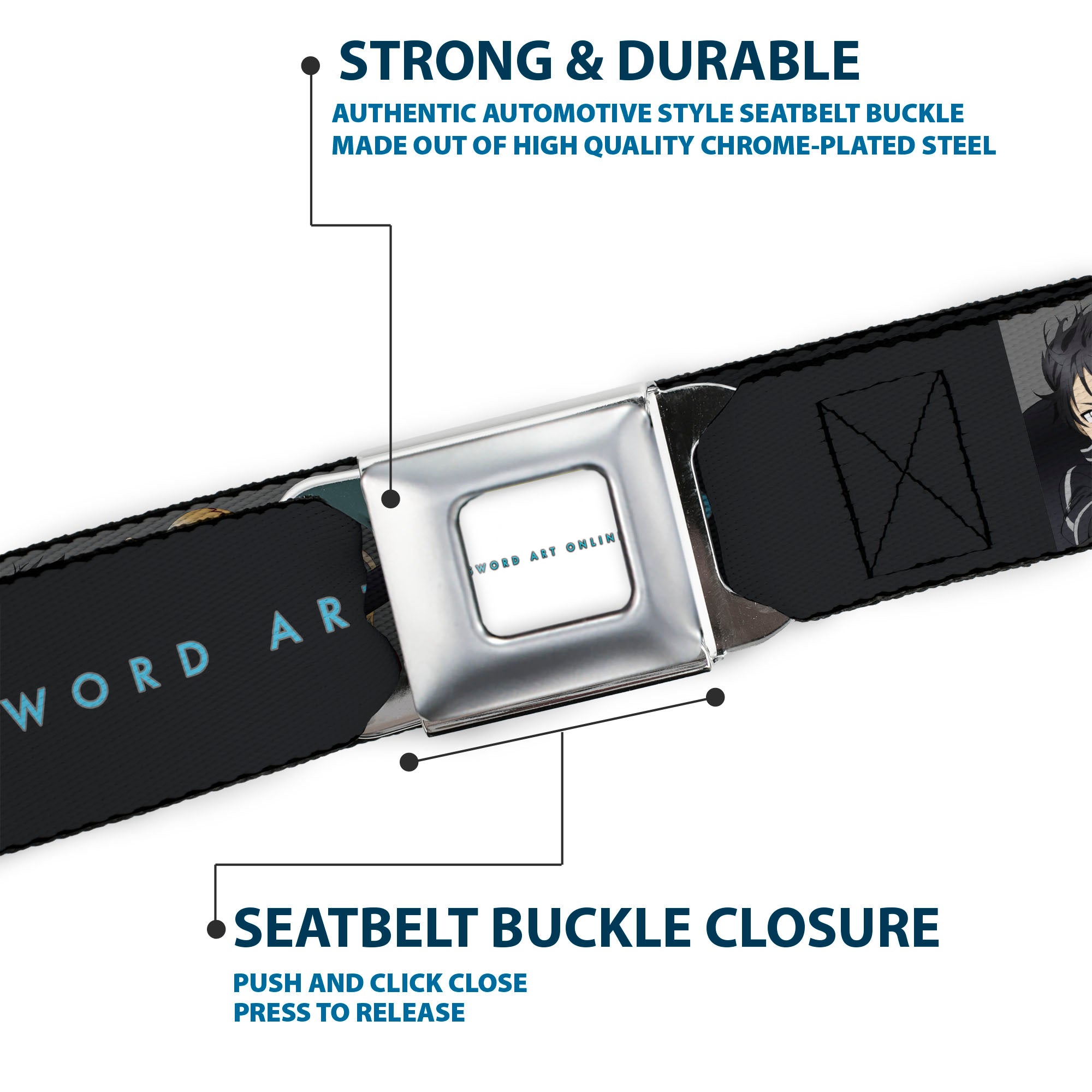 SWORD ART ONLINE Title Logo Full Color White/Blue Seatbelt Belt - SWORD ART ONLINE Kirito and Asuna Swords Pose and Title Logo Black Webbing