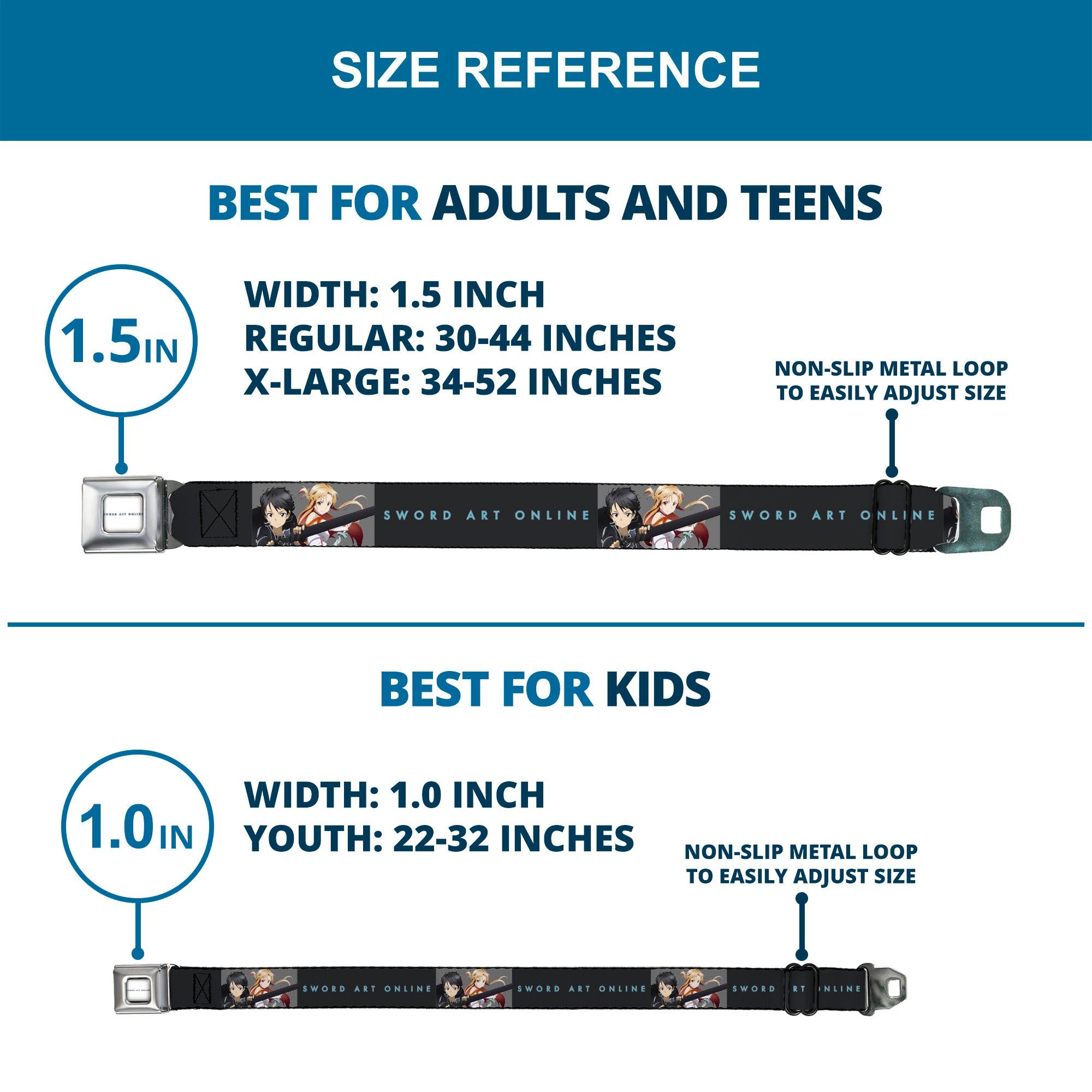 SWORD ART ONLINE Title Logo Full Color White/Blue Seatbelt Belt - SWORD ART ONLINE Kirito and Asuna Swords Pose and Title Logo Black Webbing