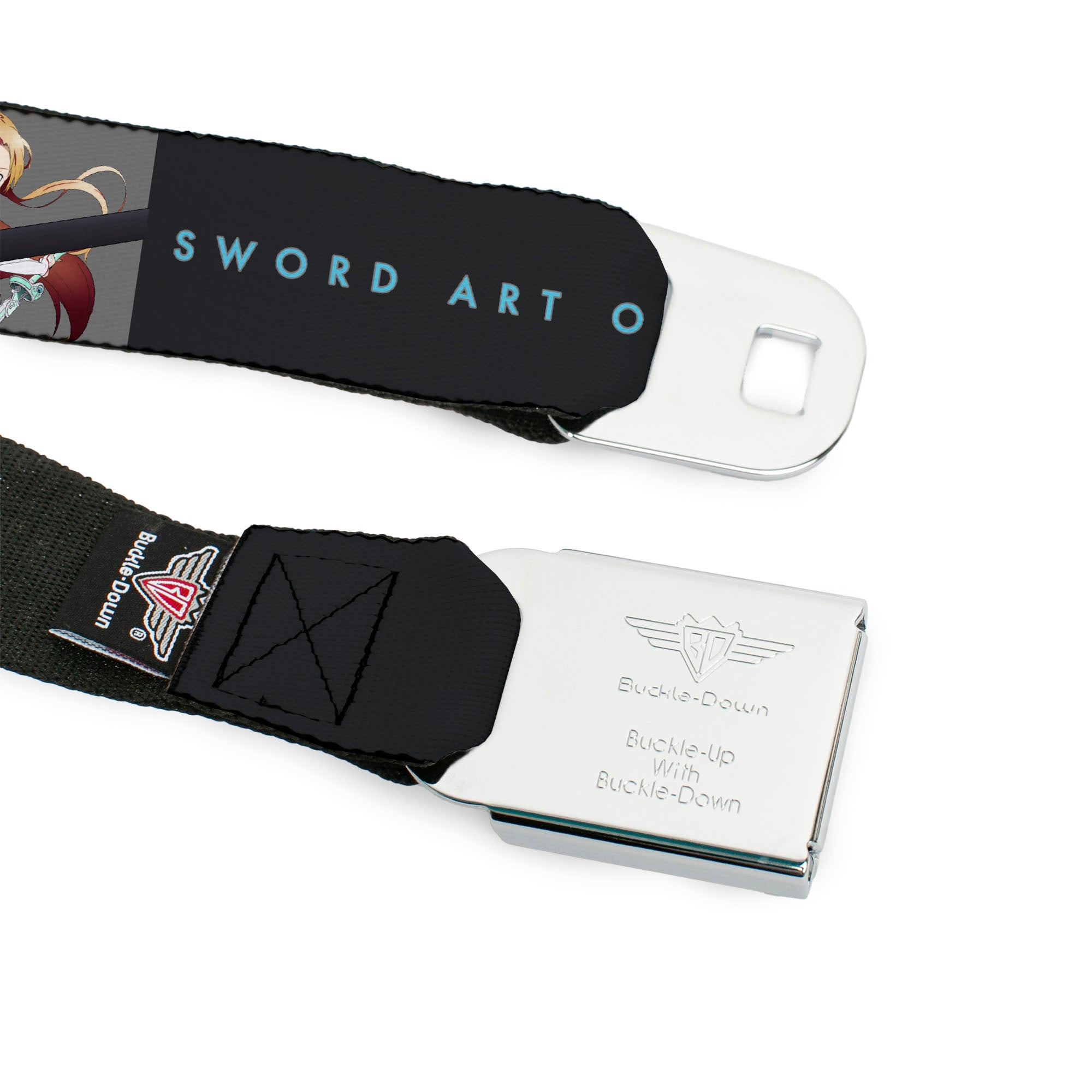 SWORD ART ONLINE Title Logo Full Color White/Blue Seatbelt Belt - SWORD ART ONLINE Kirito and Asuna Swords Pose and Title Logo Black Webbing