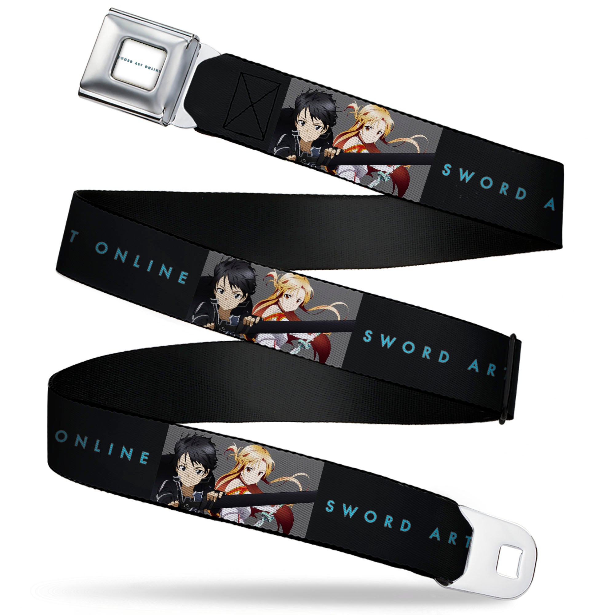 SWORD ART ONLINE Title Logo Full Color White/Blue Seatbelt Belt - SWORD ART ONLINE Kirito and Asuna Swords Pose and Title Logo Black Webbing
