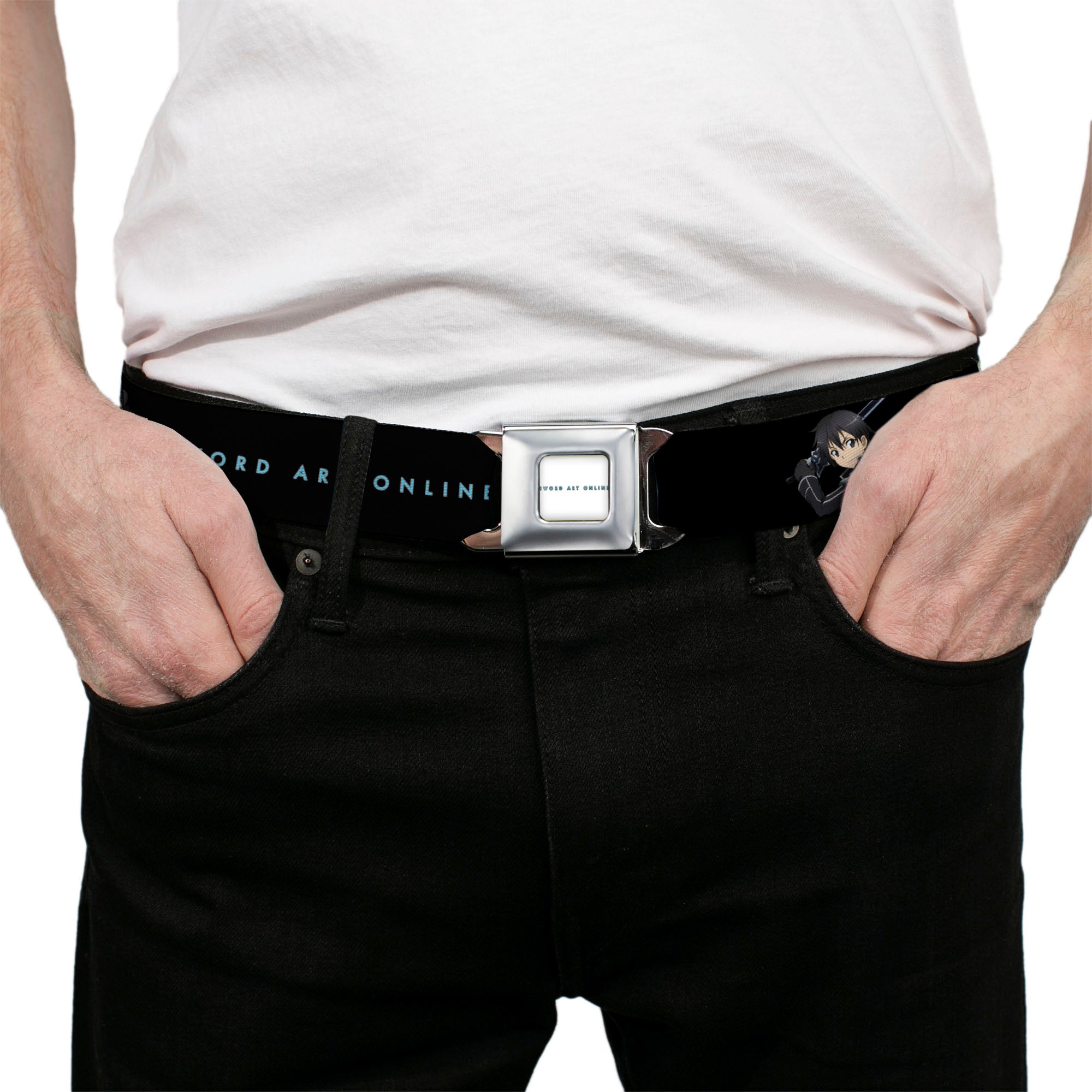 SWORD ART ONLINE Title Logo Full Color White/Blue Seatbelt Belt - SWORD ART ONLINE Four Character Swords Group Pose and Title Logo Black Webbing