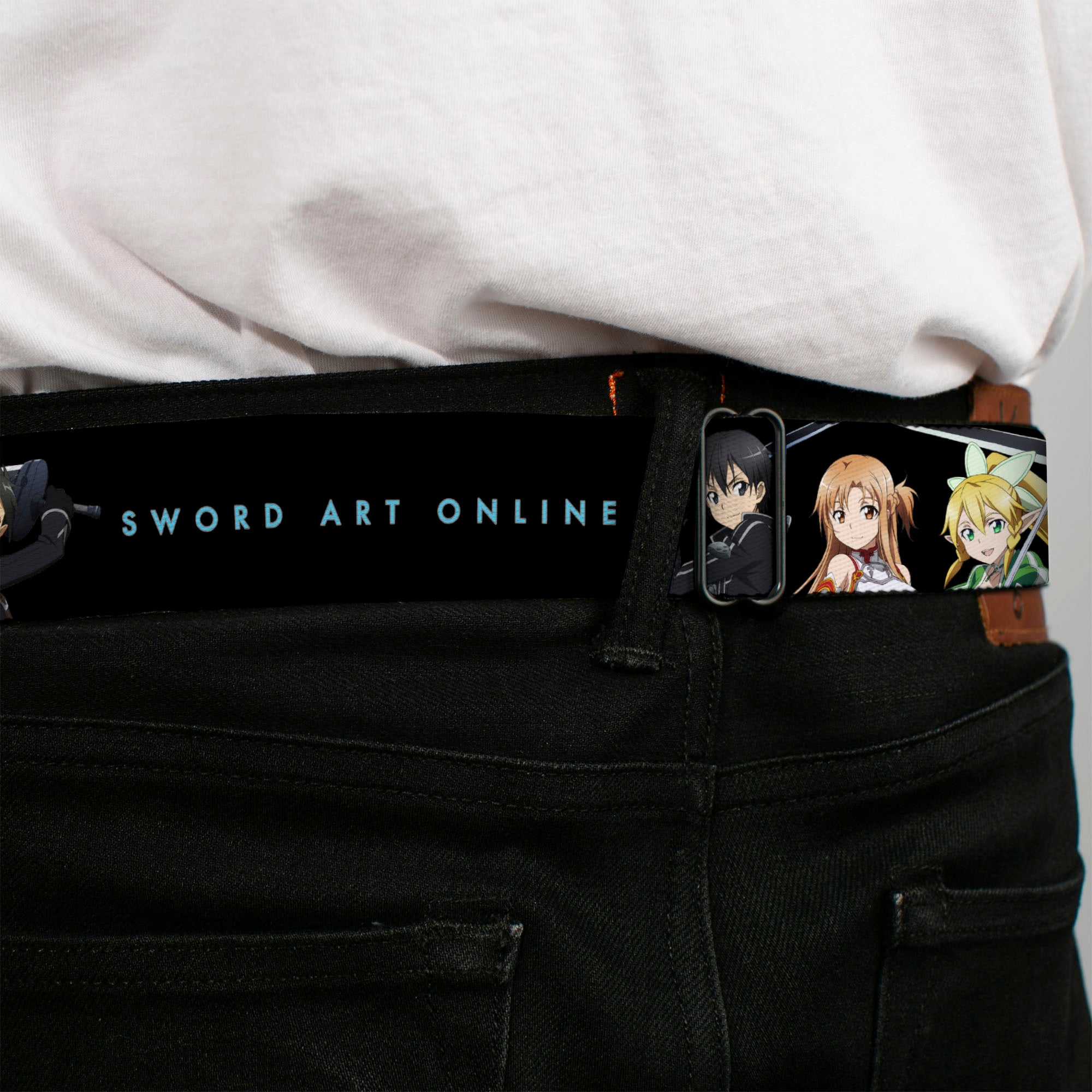 SWORD ART ONLINE Title Logo Full Color White/Blue Seatbelt Belt - SWORD ART ONLINE Four Character Swords Group Pose and Title Logo Black Webbing
