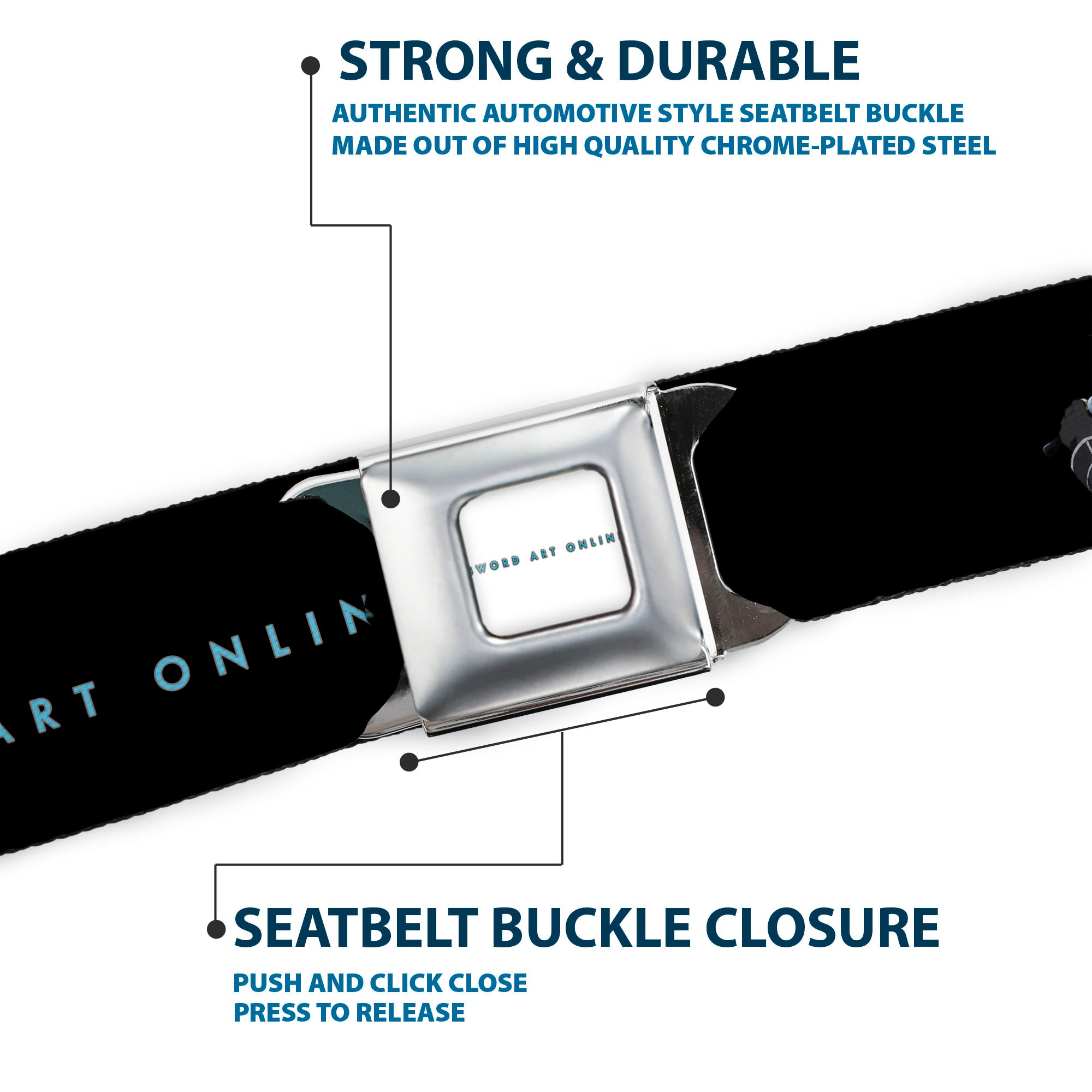 SWORD ART ONLINE Title Logo Full Color White/Blue Seatbelt Belt - SWORD ART ONLINE Four Character Swords Group Pose and Title Logo Black Webbing