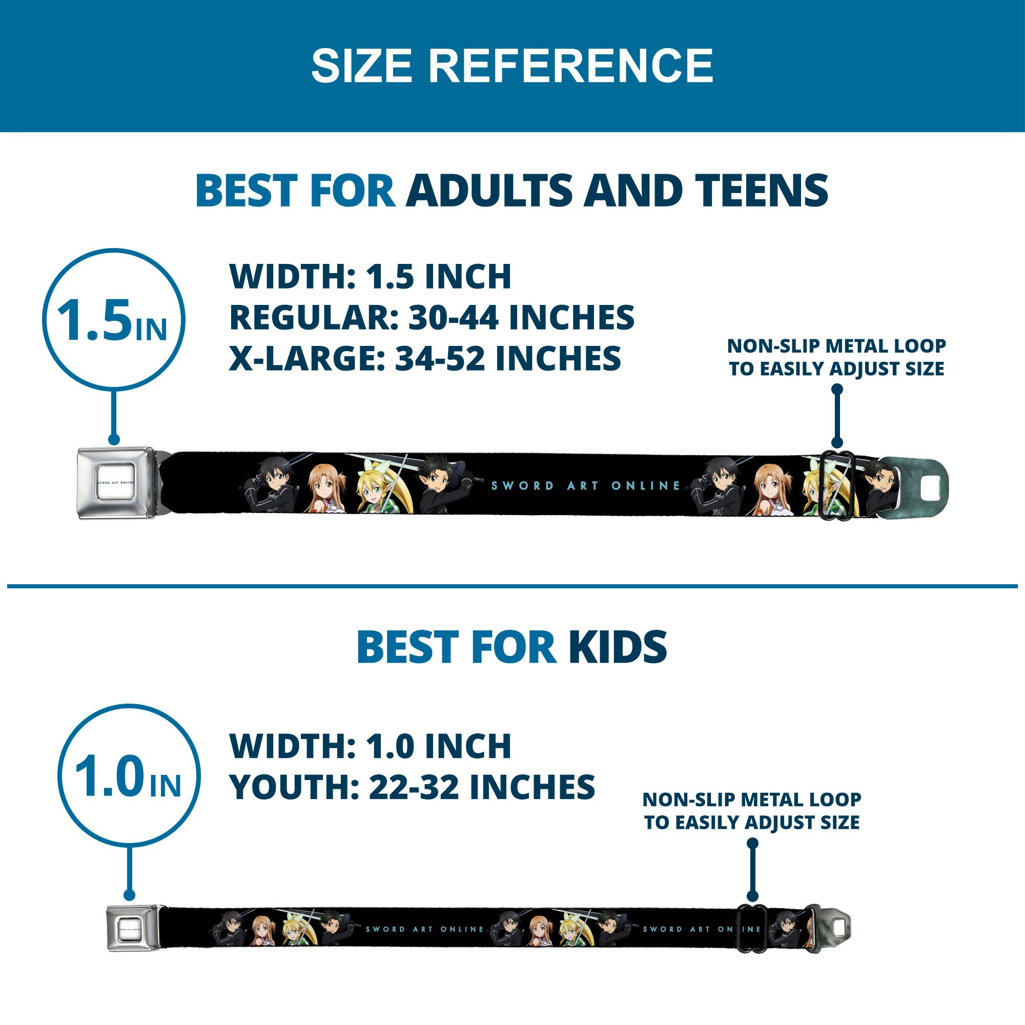 SWORD ART ONLINE Title Logo Full Color White/Blue Seatbelt Belt - SWORD ART ONLINE Four Character Swords Group Pose and Title Logo Black Webbing