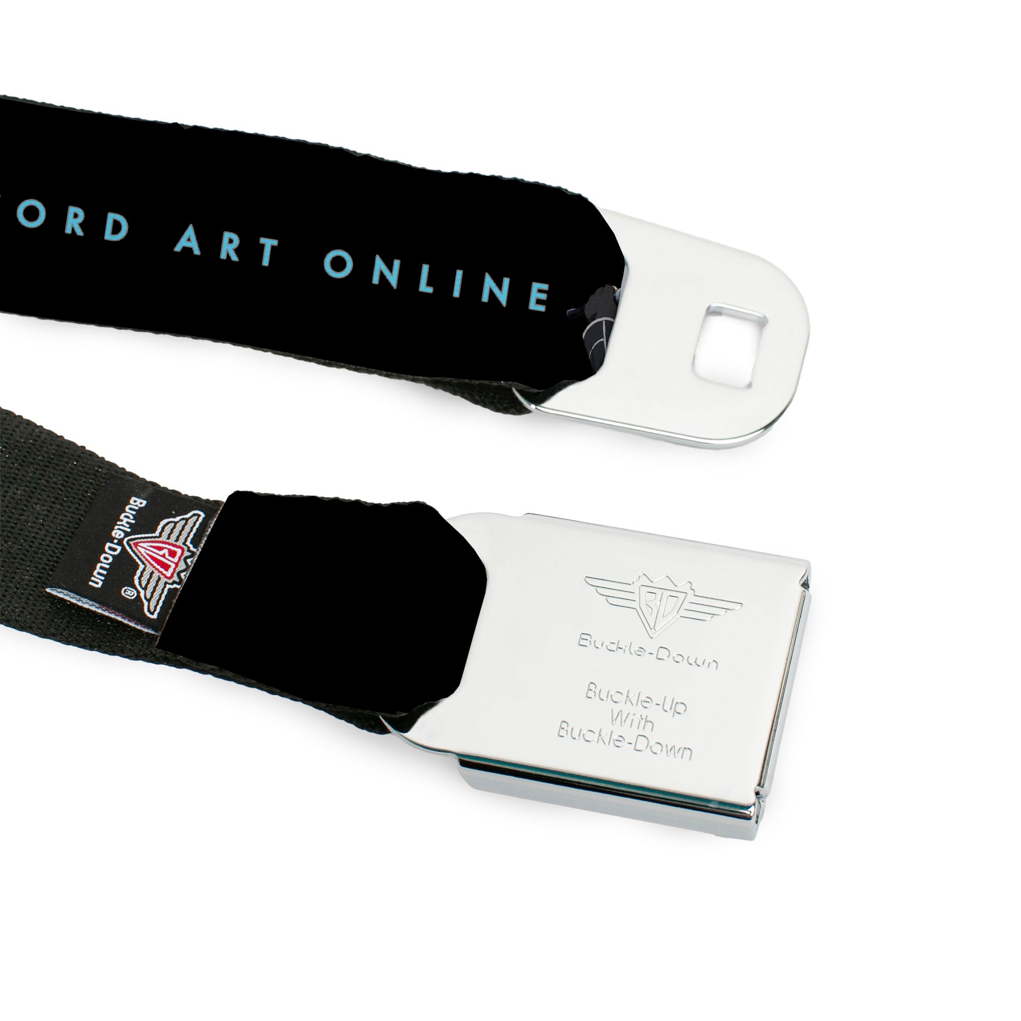 SWORD ART ONLINE Title Logo Full Color White/Blue Seatbelt Belt - SWORD ART ONLINE Four Character Swords Group Pose and Title Logo Black Webbing