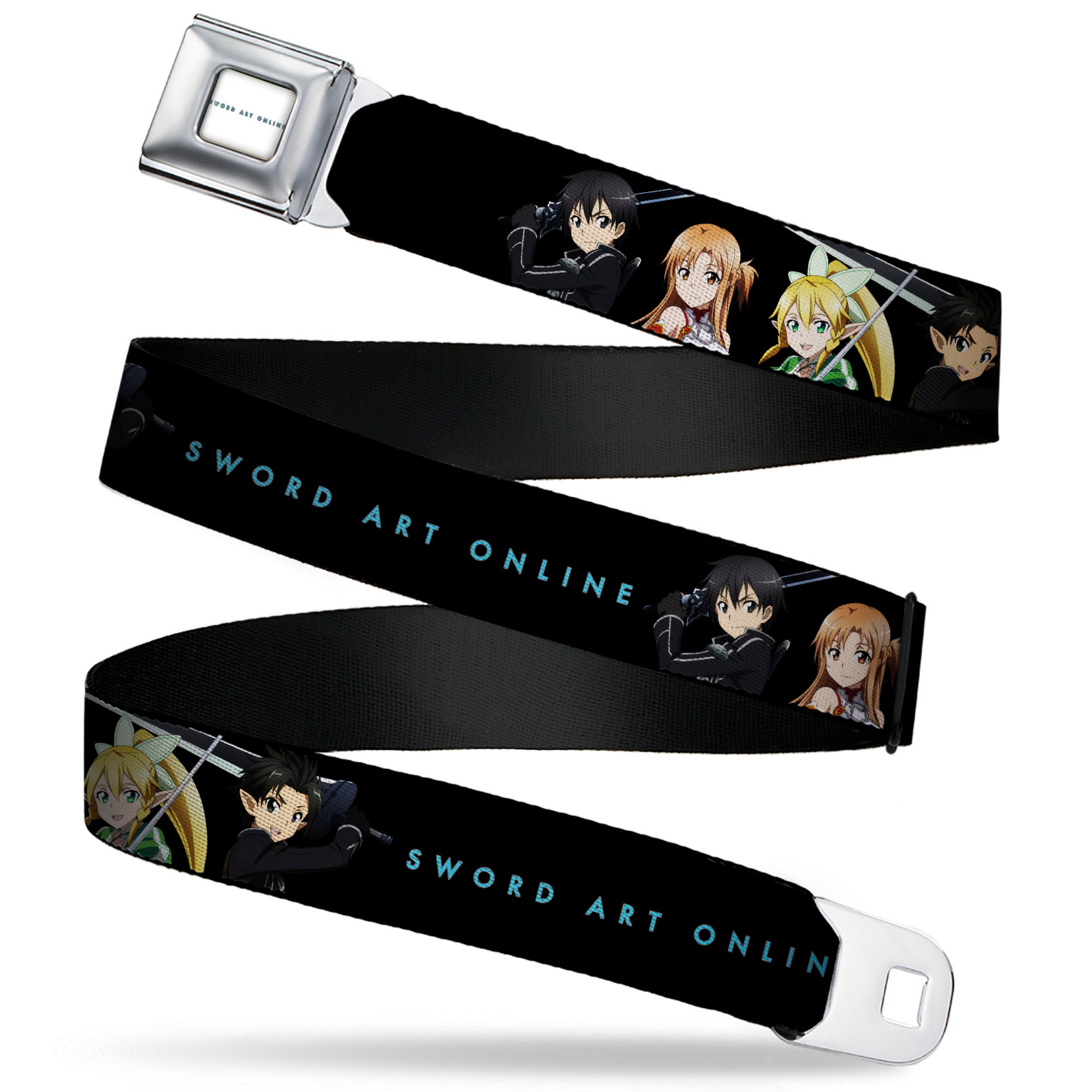 SWORD ART ONLINE Title Logo Full Color White/Blue Seatbelt Belt - SWORD ART ONLINE Four Character Swords Group Pose and Title Logo Black Webbing