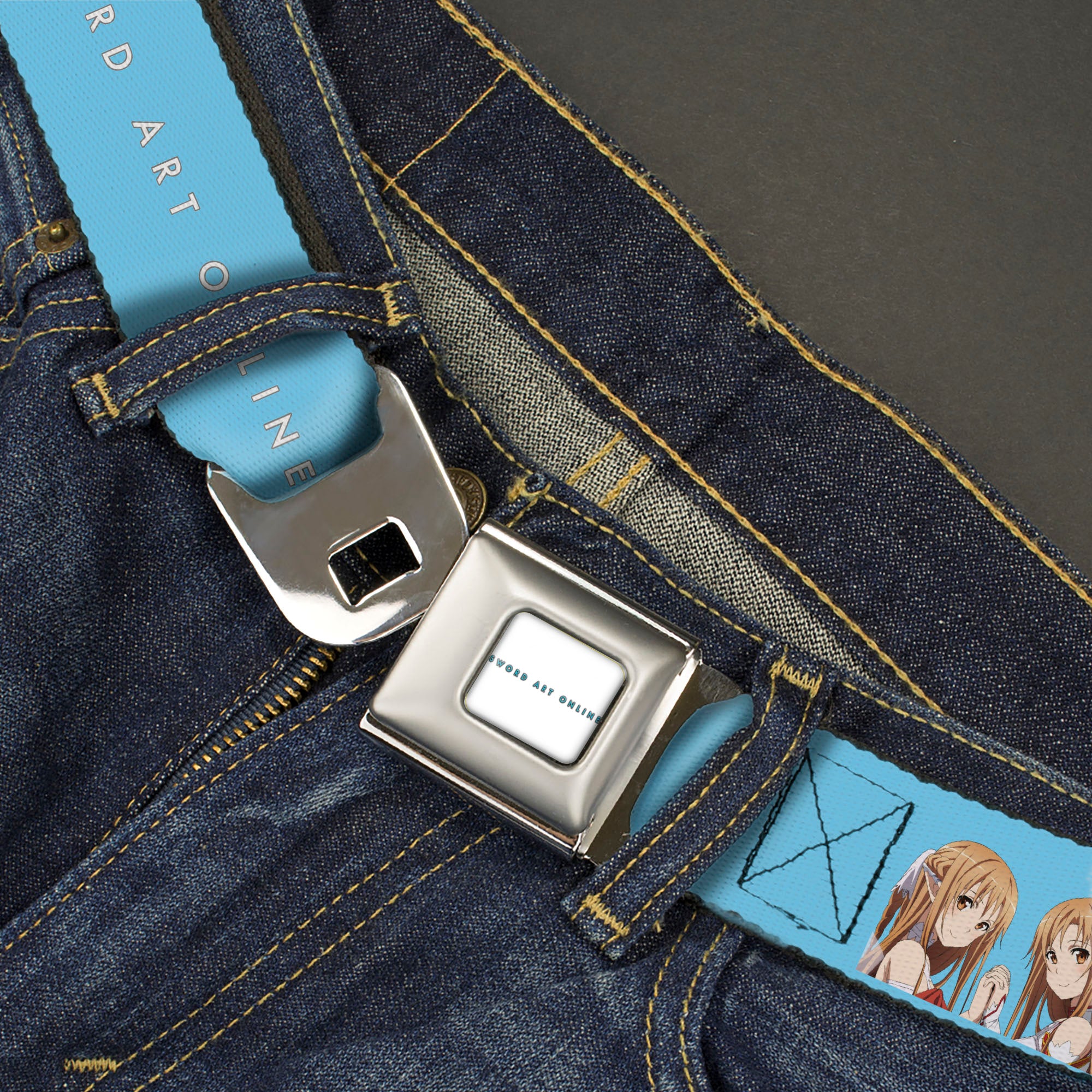SWORD ART ONLINE Title Logo Full Color White/Blue Seatbelt Belt - SWORD ART ONLINE Asuna Comic Book Cover Pose and Title Logo Blue Webbing