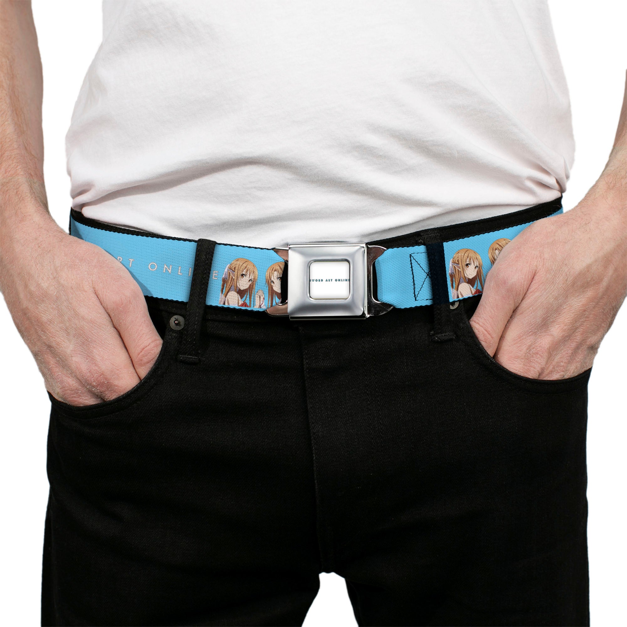 SWORD ART ONLINE Title Logo Full Color White/Blue Seatbelt Belt - SWORD ART ONLINE Asuna Comic Book Cover Pose and Title Logo Blue Webbing