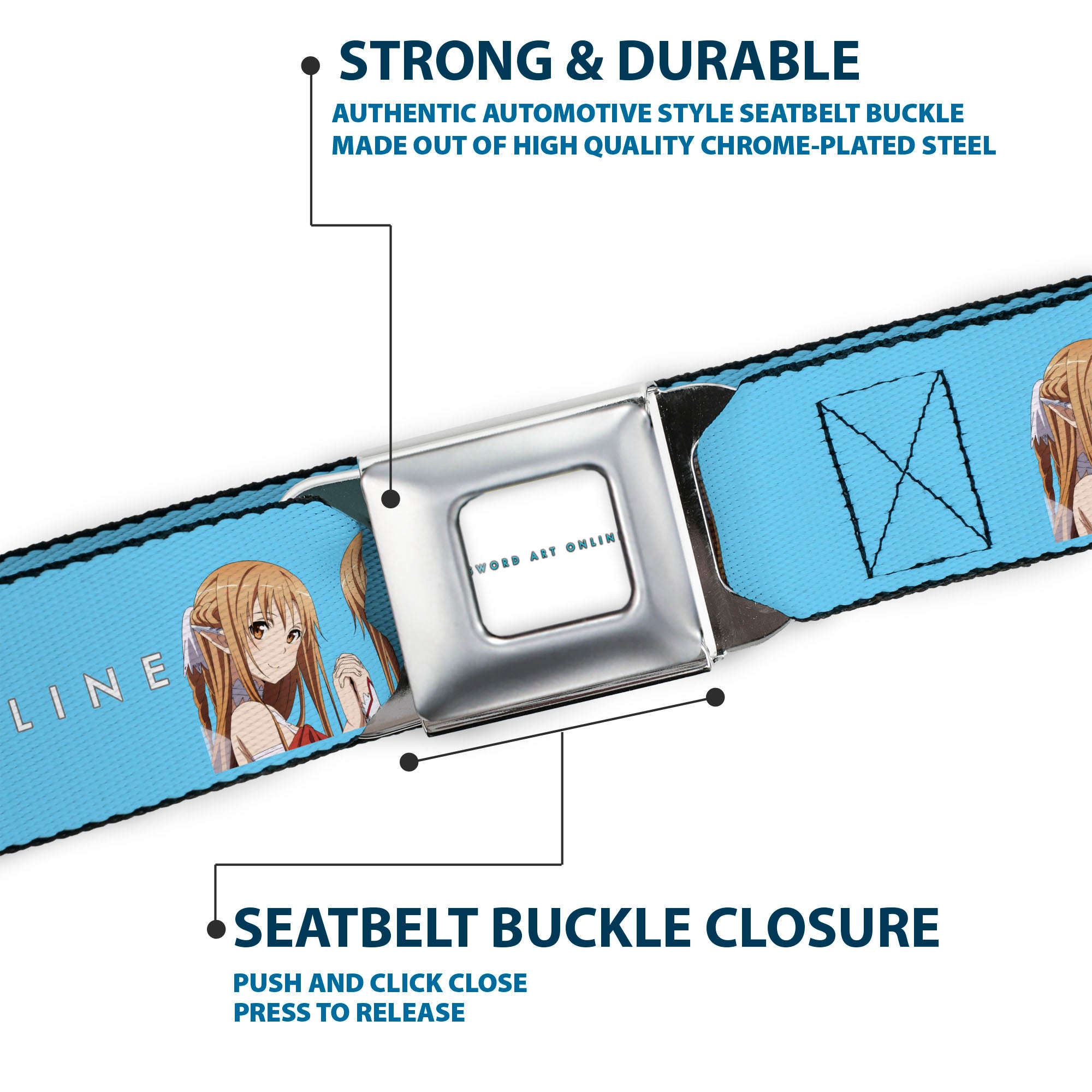 SWORD ART ONLINE Title Logo Full Color White/Blue Seatbelt Belt - SWORD ART ONLINE Asuna Comic Book Cover Pose and Title Logo Blue Webbing