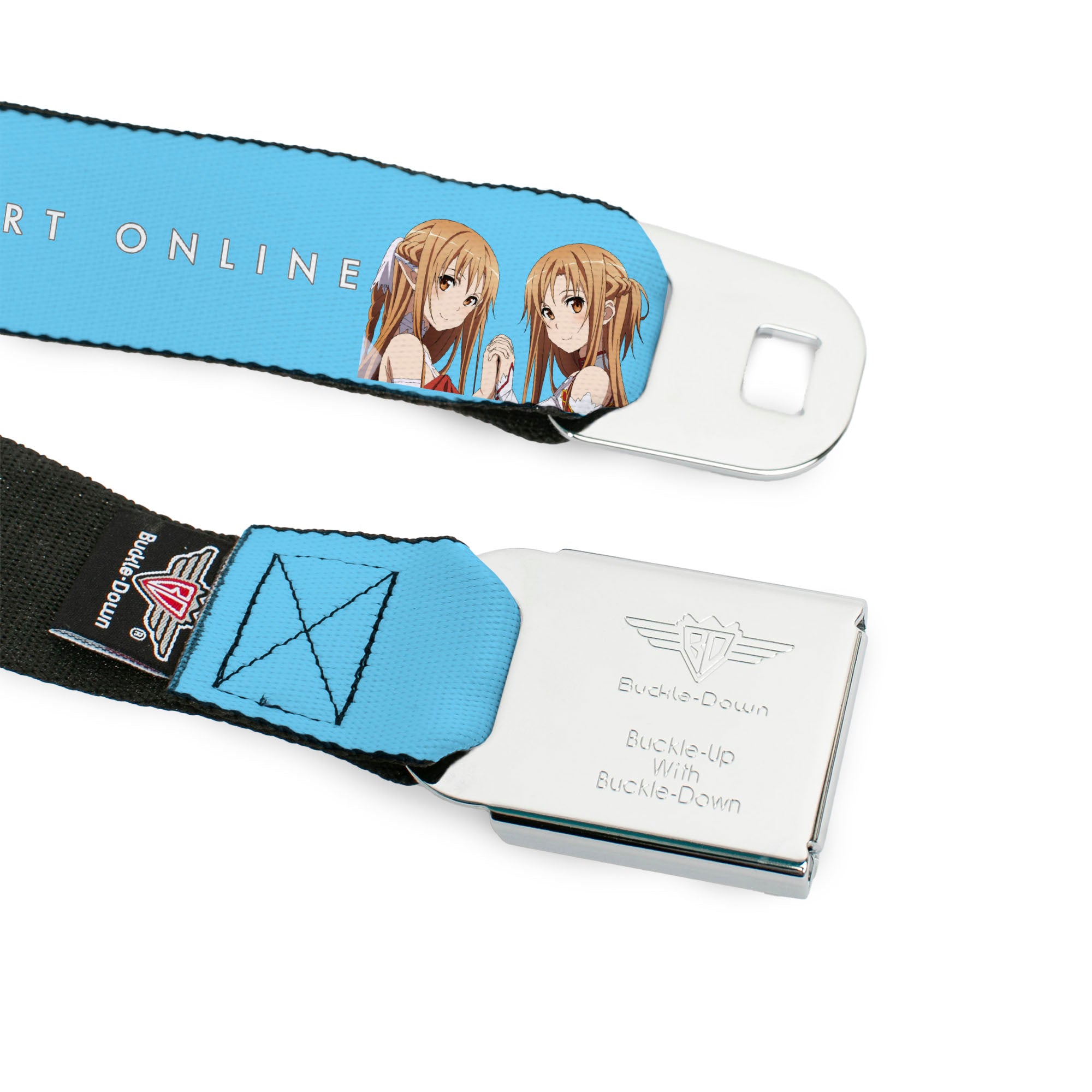SWORD ART ONLINE Title Logo Full Color White/Blue Seatbelt Belt - SWORD ART ONLINE Asuna Comic Book Cover Pose and Title Logo Blue Webbing