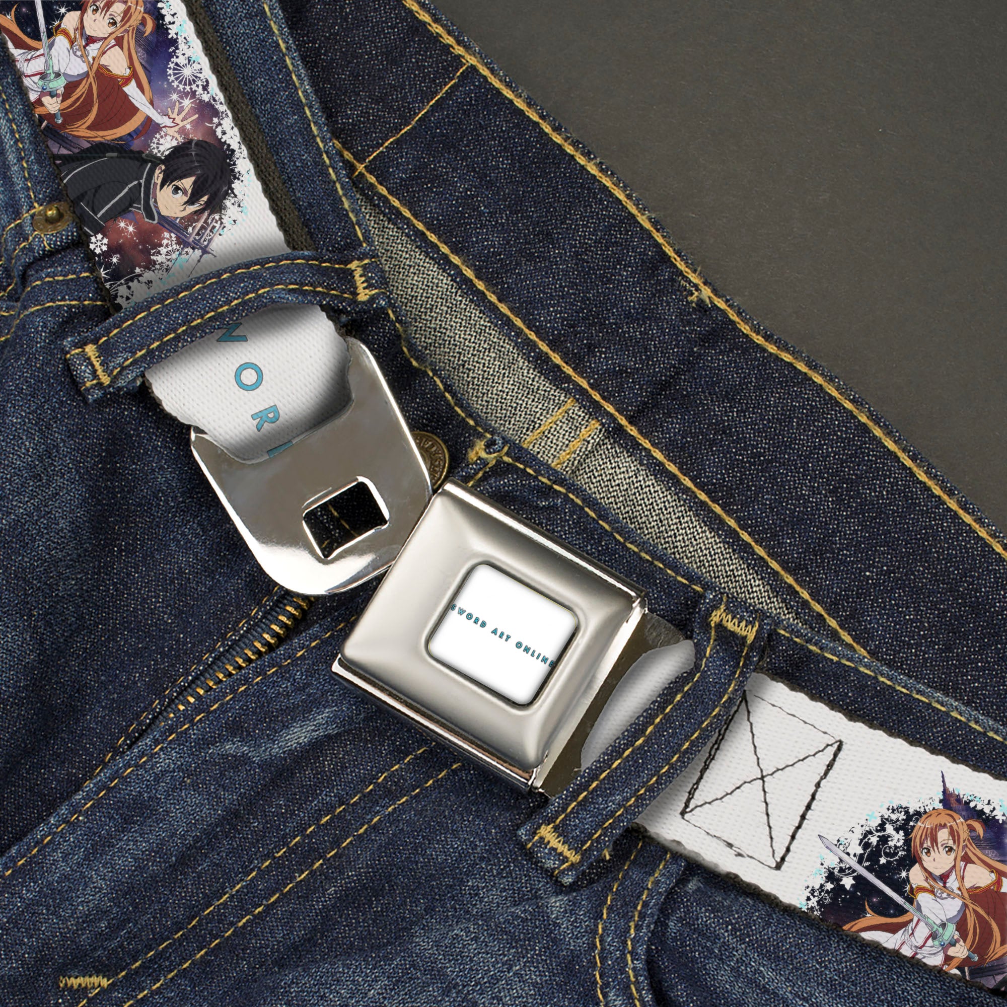 SWORD ART ONLINE Title Logo Full Color White/Blue Seatbelt Belt - SWORD ART ONLINE Asuna and Kirito Action Pose and Title Logo White Webbing