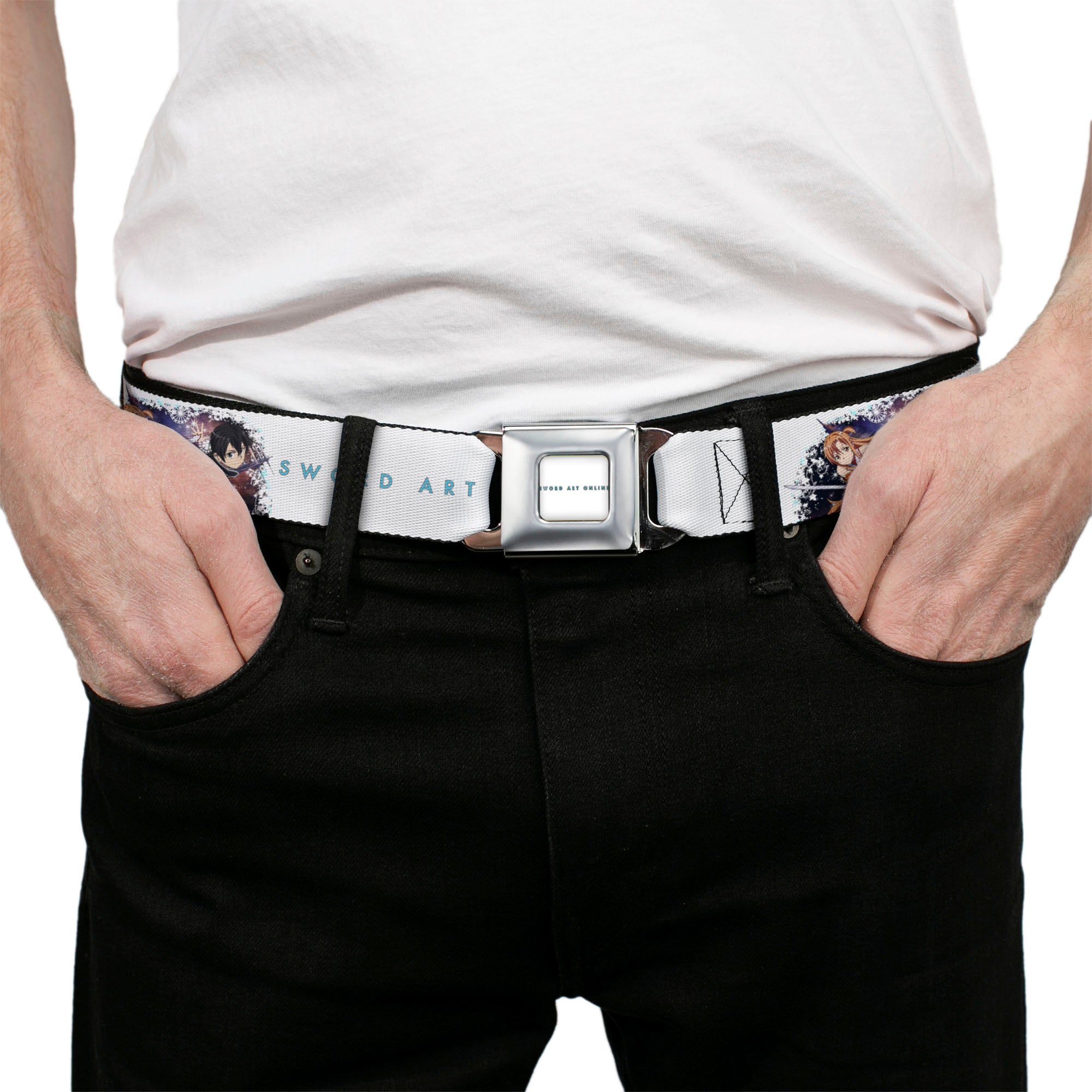 SWORD ART ONLINE Title Logo Full Color White/Blue Seatbelt Belt - SWORD ART ONLINE Asuna and Kirito Action Pose and Title Logo White Webbing