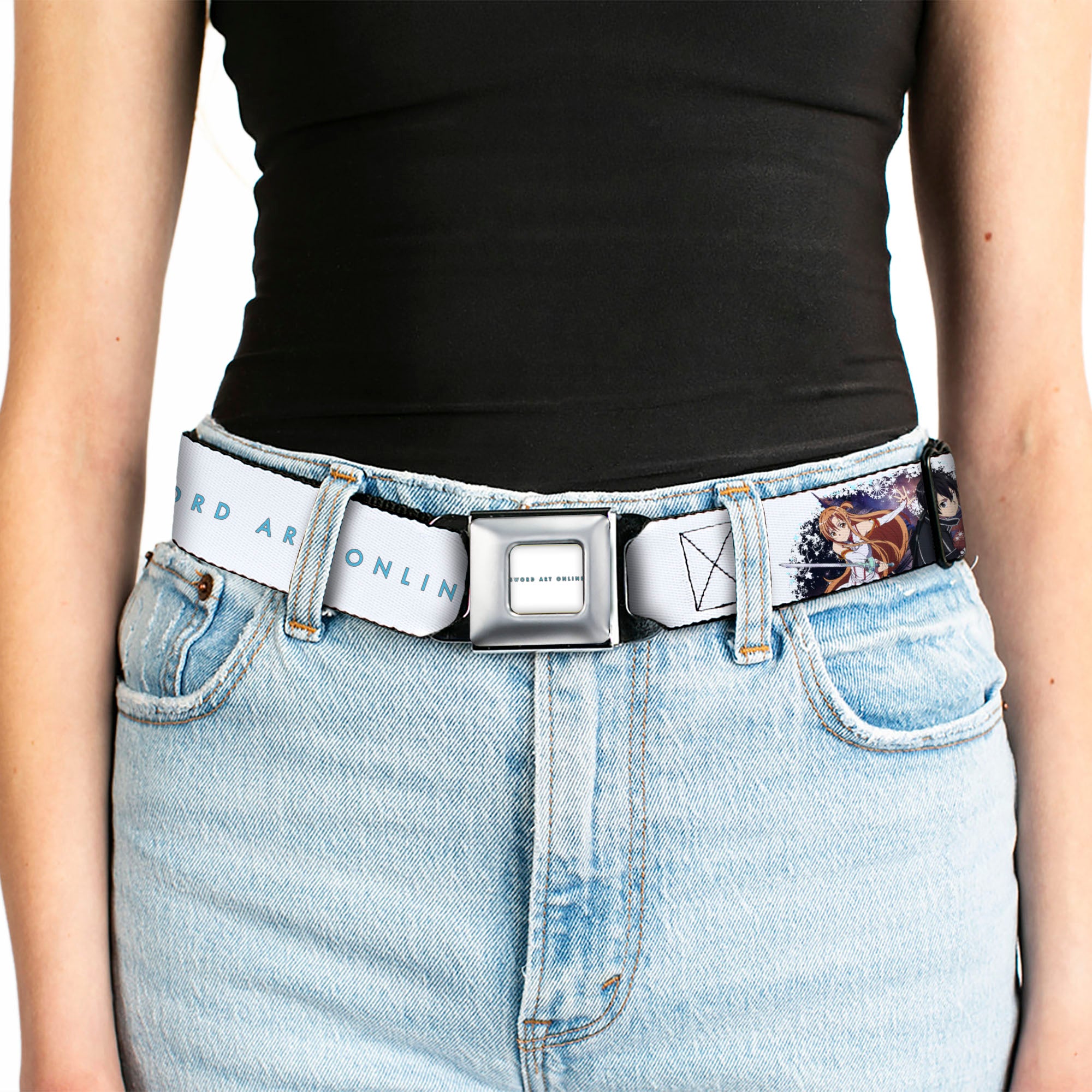SWORD ART ONLINE Title Logo Full Color White/Blue Seatbelt Belt - SWORD ART ONLINE Asuna and Kirito Action Pose and Title Logo White Webbing