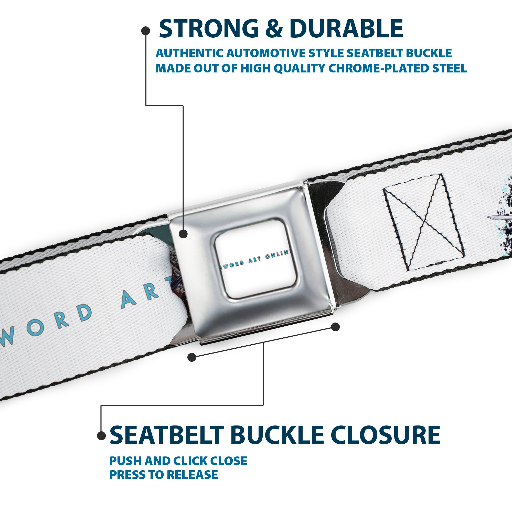 SWORD ART ONLINE Title Logo Full Color White/Blue Seatbelt Belt - SWORD ART ONLINE Asuna and Kirito Action Pose and Title Logo White Webbing