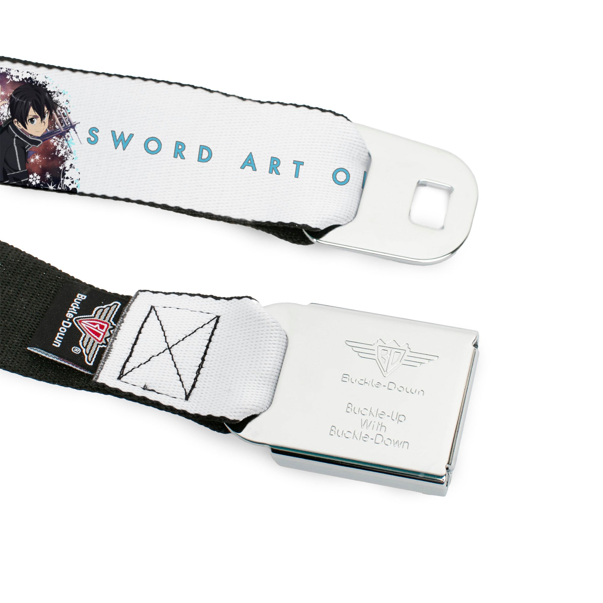SWORD ART ONLINE Title Logo Full Color White/Blue Seatbelt Belt - SWORD ART ONLINE Asuna and Kirito Action Pose and Title Logo White Webbing
