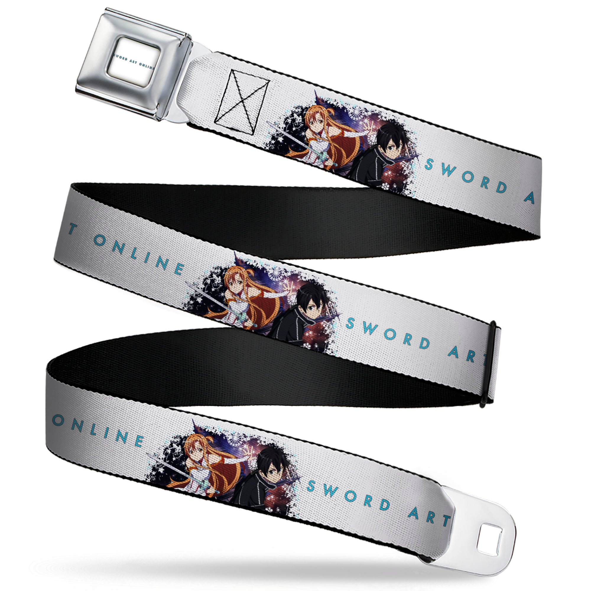 SWORD ART ONLINE Title Logo Full Color White/Blue Seatbelt Belt - SWORD ART ONLINE Asuna and Kirito Action Pose and Title Logo White Webbing