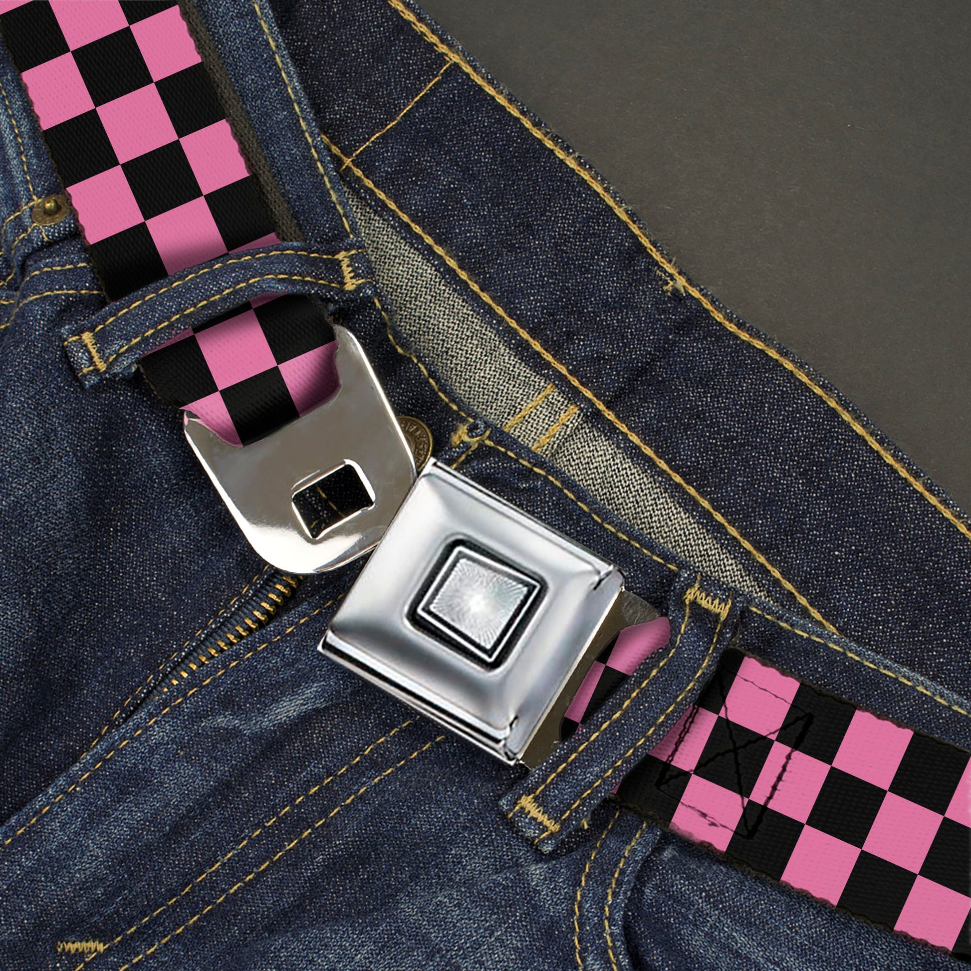 Starburst Seatbelt Belt - Checker Black/Pink Webbing Seatbelt Belts Buckle-Down