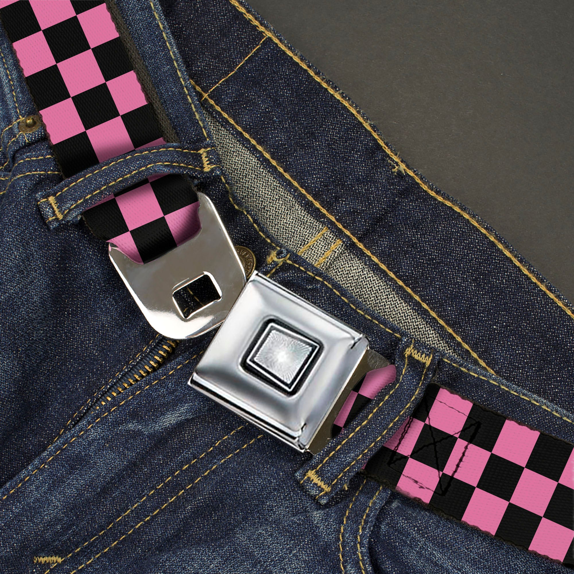 Starburst Seatbelt Belt - Checker Black/Pink Webbing Seatbelt Belts Buckle-Down