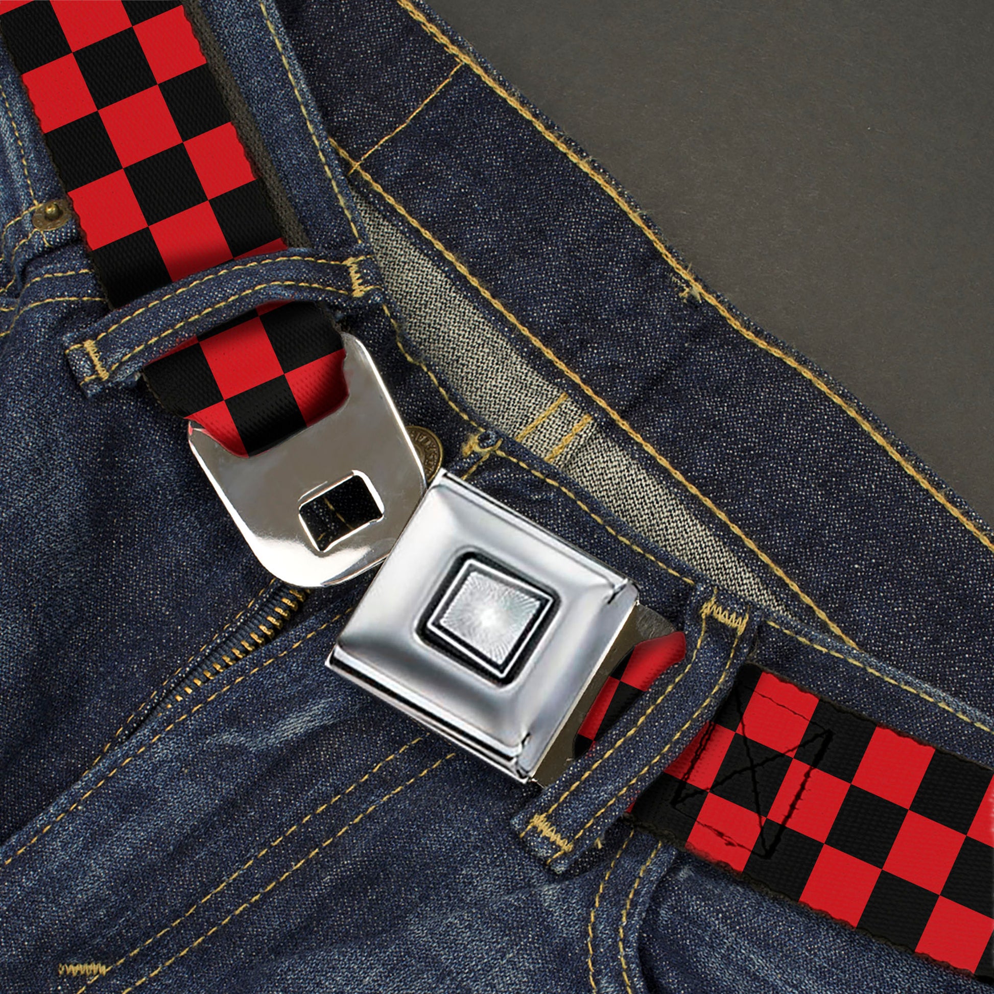 Starburst Seatbelt Belt - Checker Black/Red Webbing Seatbelt Belts Buckle-Down