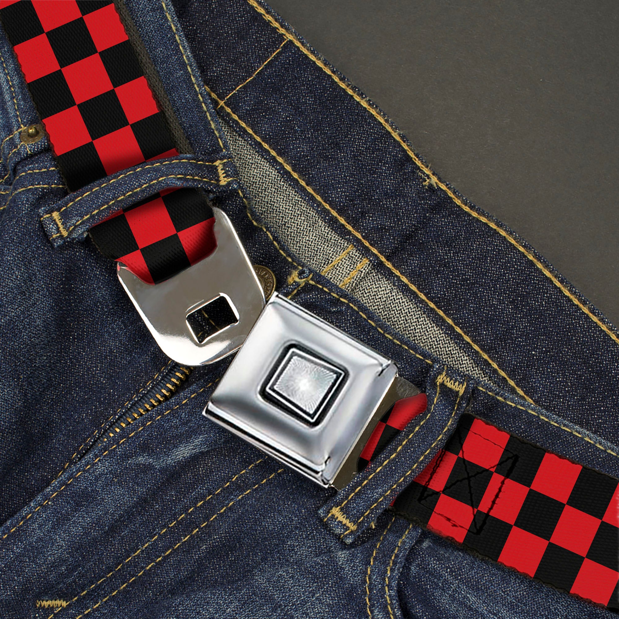 Starburst Seatbelt Belt - Checker Black/Red Webbing Seatbelt Belts Buckle-Down