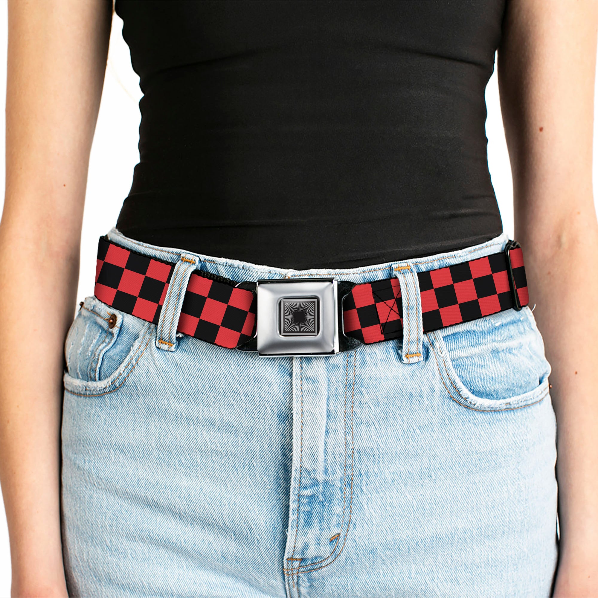 Starburst Seatbelt Belt - Checker Black/Red Webbing Seatbelt Belts Buckle-Down