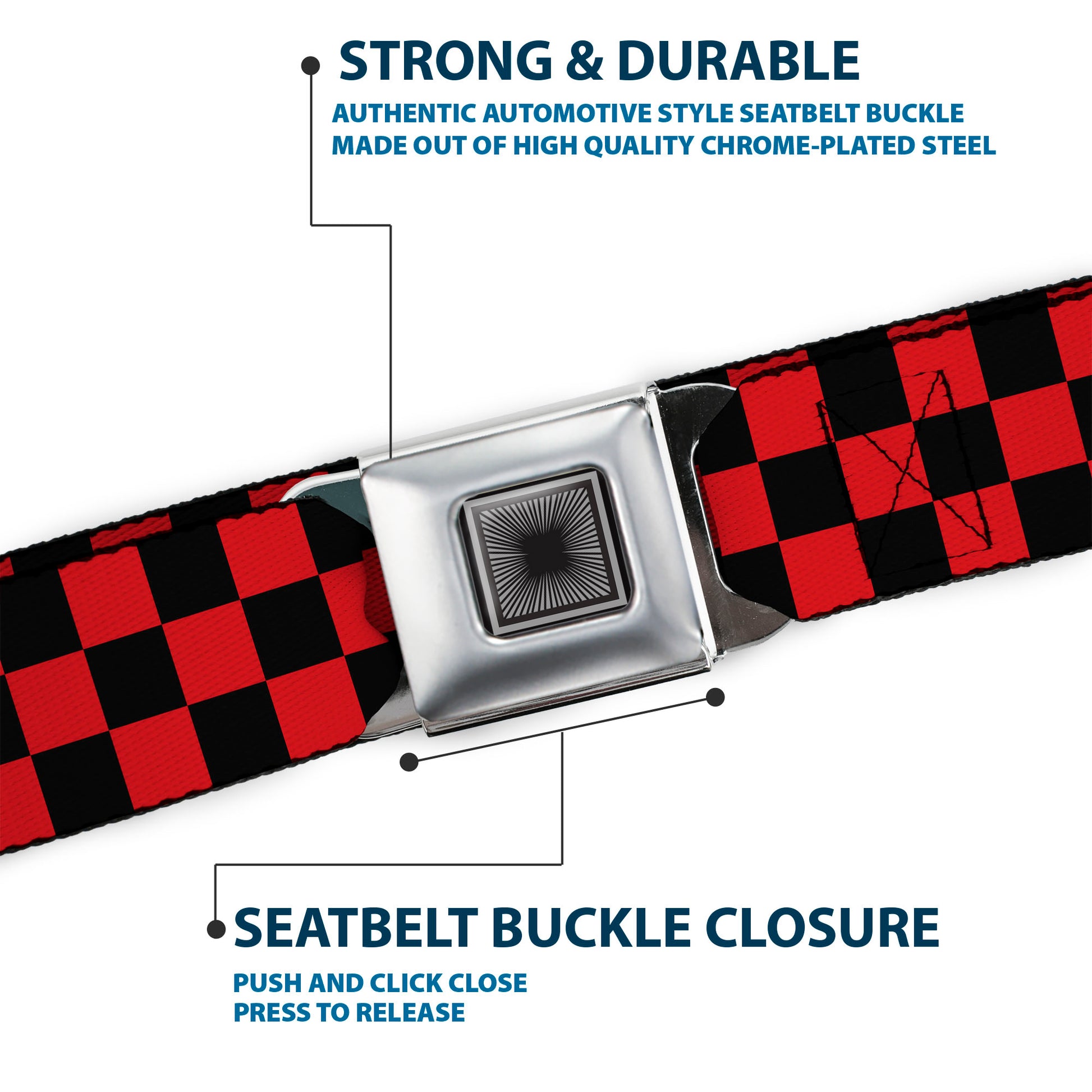 Starburst Seatbelt Belt - Checker Black/Red Webbing Seatbelt Belts Buckle-Down