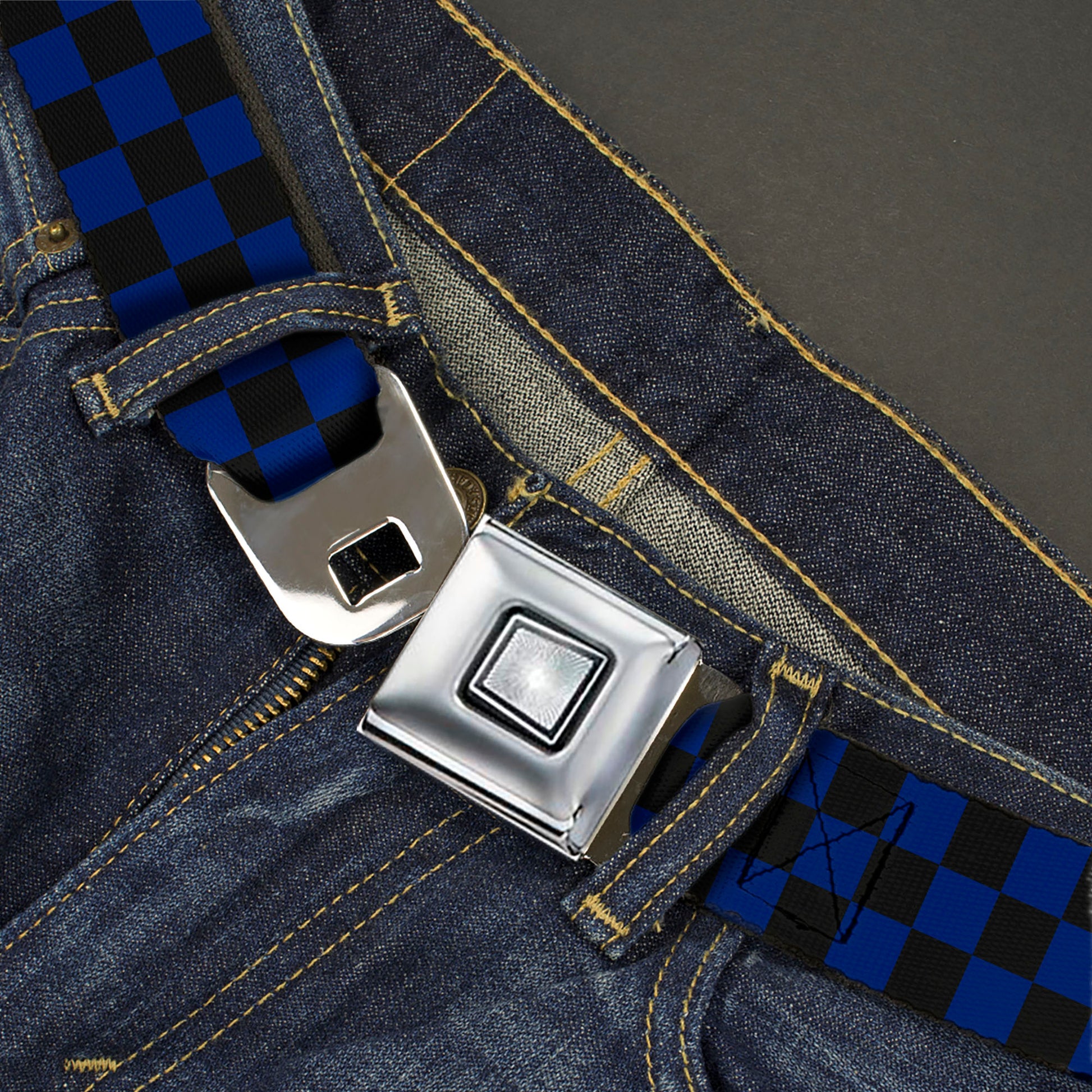 Starburst Seatbelt Belt - Checker Black/Blue Webbing Seatbelt Belts Buckle-Down