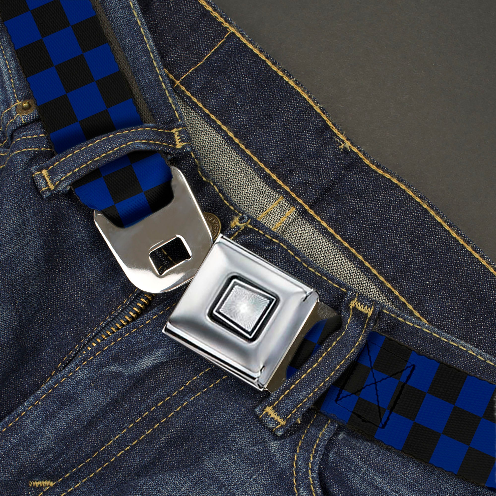 Starburst Seatbelt Belt - Checker Black/Blue Webbing Seatbelt Belts Buckle-Down
