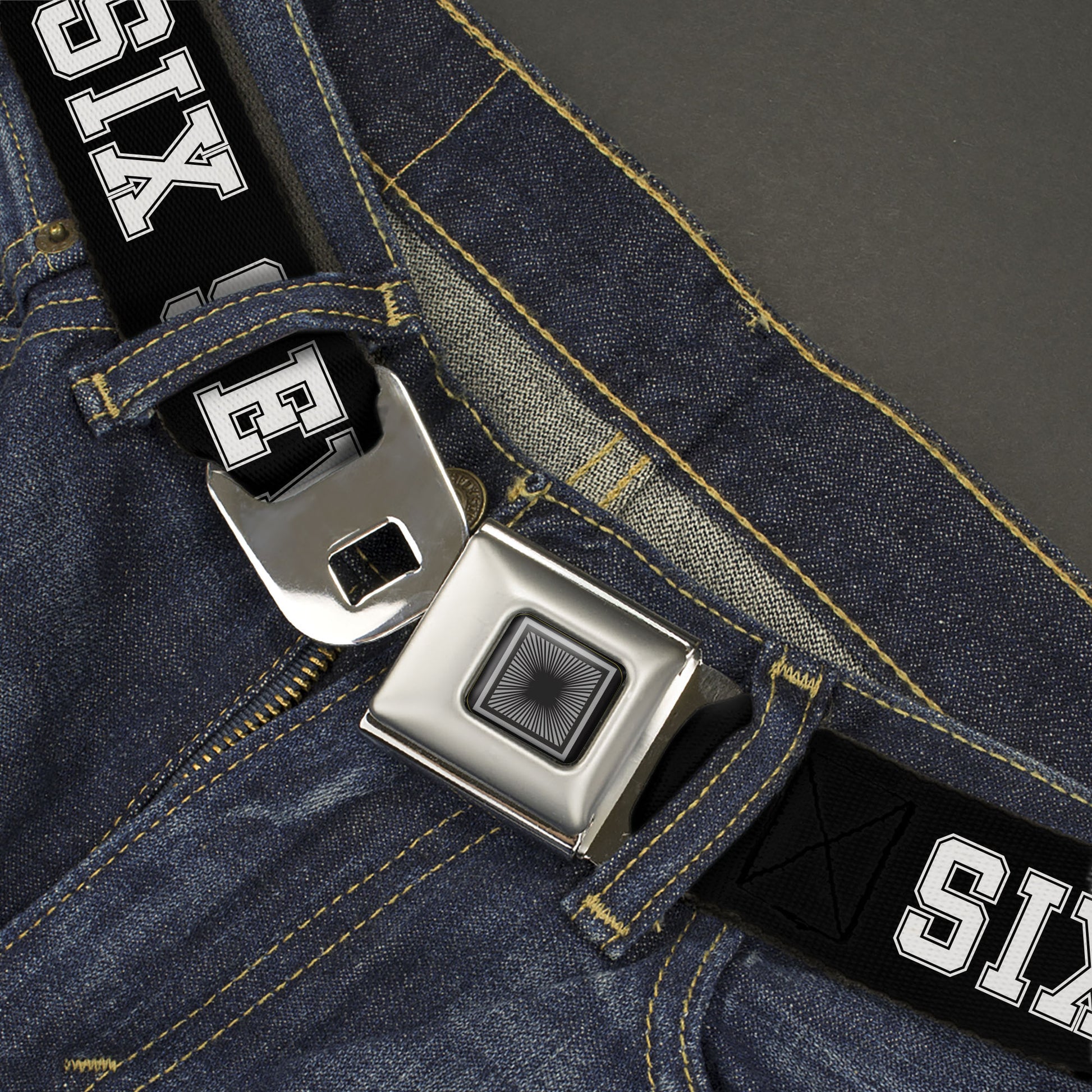 Starburst Seatbelt Belt - SIX SEVEN Text Black/White Webbing Seatbelt Belts Buckle-Down