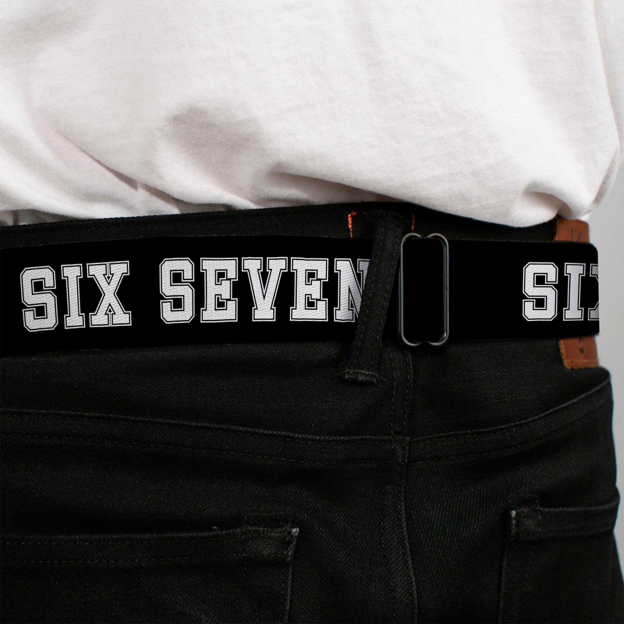 Starburst Seatbelt Belt - SIX SEVEN Text Black/White Webbing Seatbelt Belts Buckle-Down
