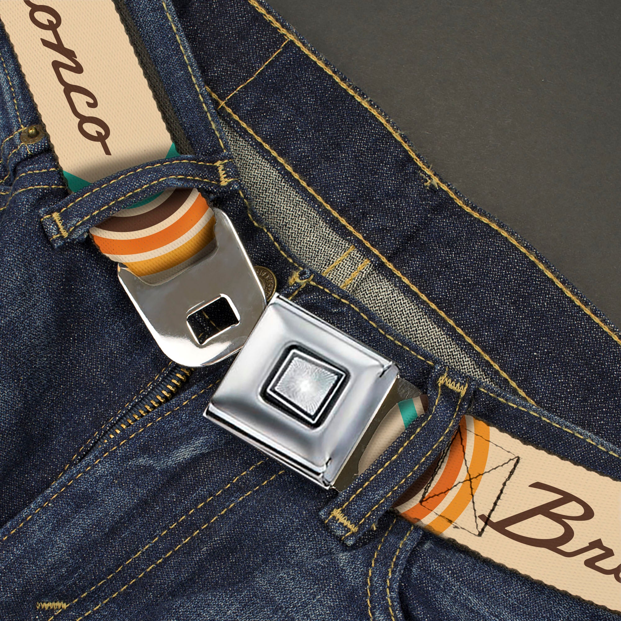 Starburst Seatbelt Belt - Ford BRONCO Script Beige/Brown/Blue/Orange Webbing Seatbelt Belts Ford