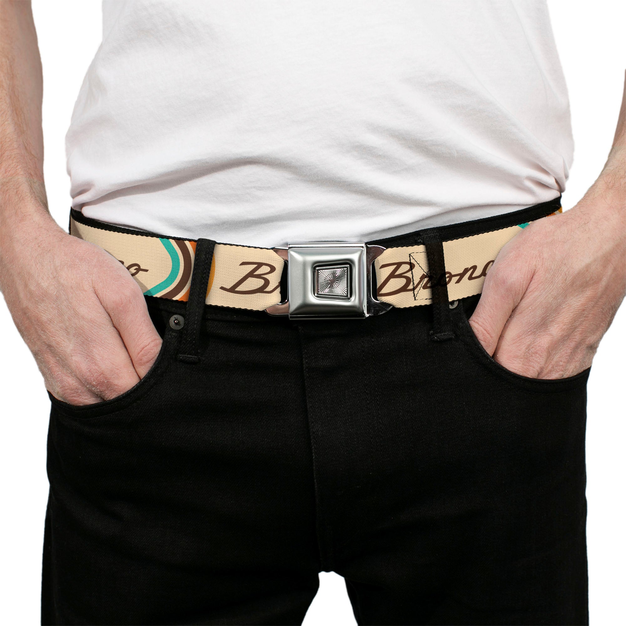 Starburst Seatbelt Belt - Ford BRONCO Script Beige/Brown/Blue/Orange Webbing Seatbelt Belts Ford
