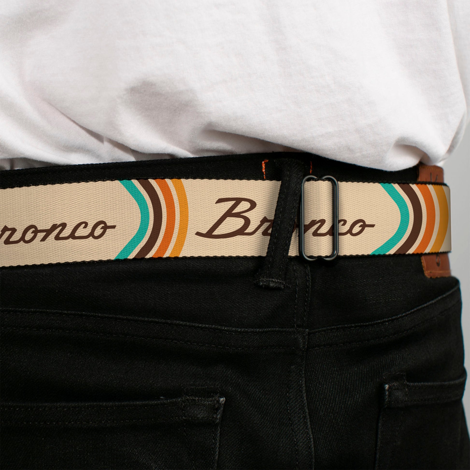 Starburst Seatbelt Belt - Ford BRONCO Script Beige/Brown/Blue/Orange Webbing Seatbelt Belts Ford
