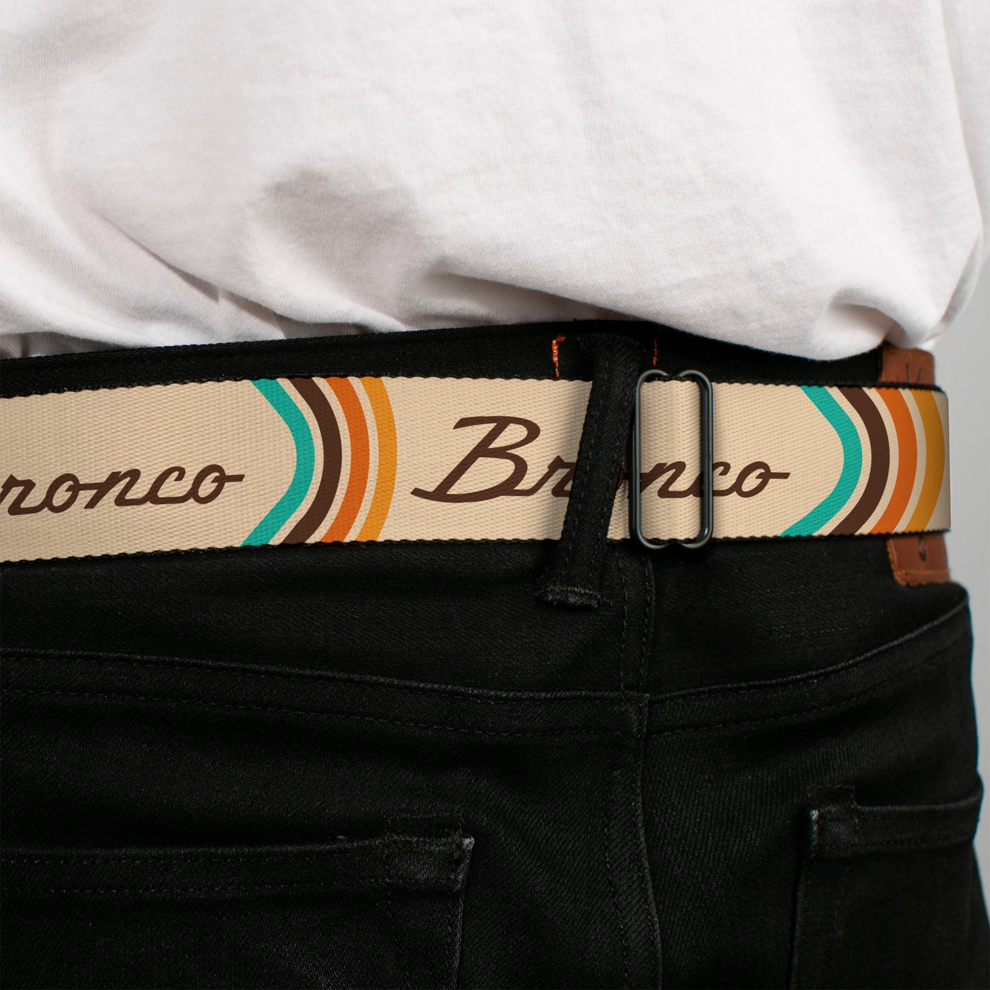 Starburst Seatbelt Belt - Ford BRONCO Script Beige/Brown/Blue/Orange Webbing Seatbelt Belts Ford