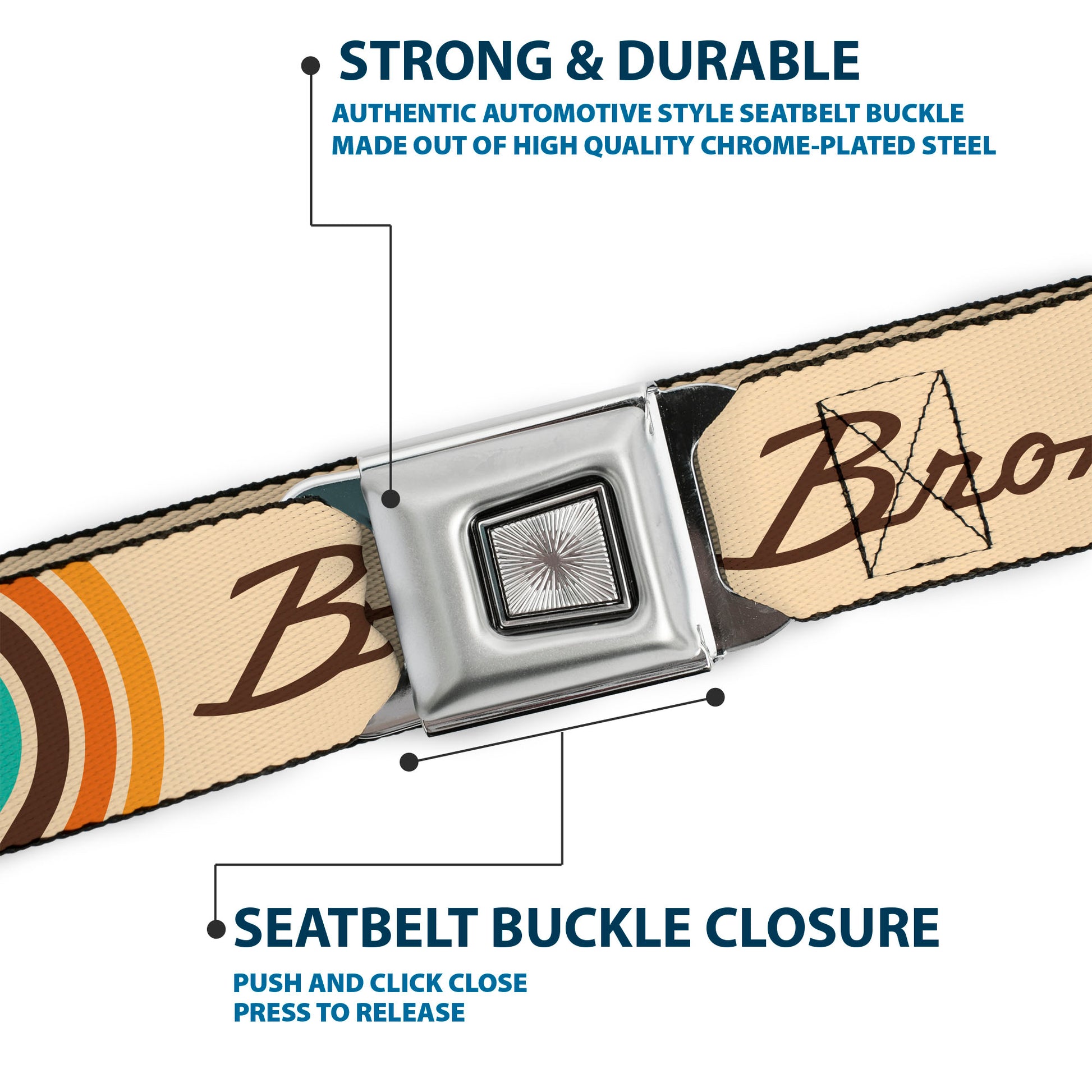 Starburst Seatbelt Belt - Ford BRONCO Script Beige/Brown/Blue/Orange Webbing Seatbelt Belts Ford