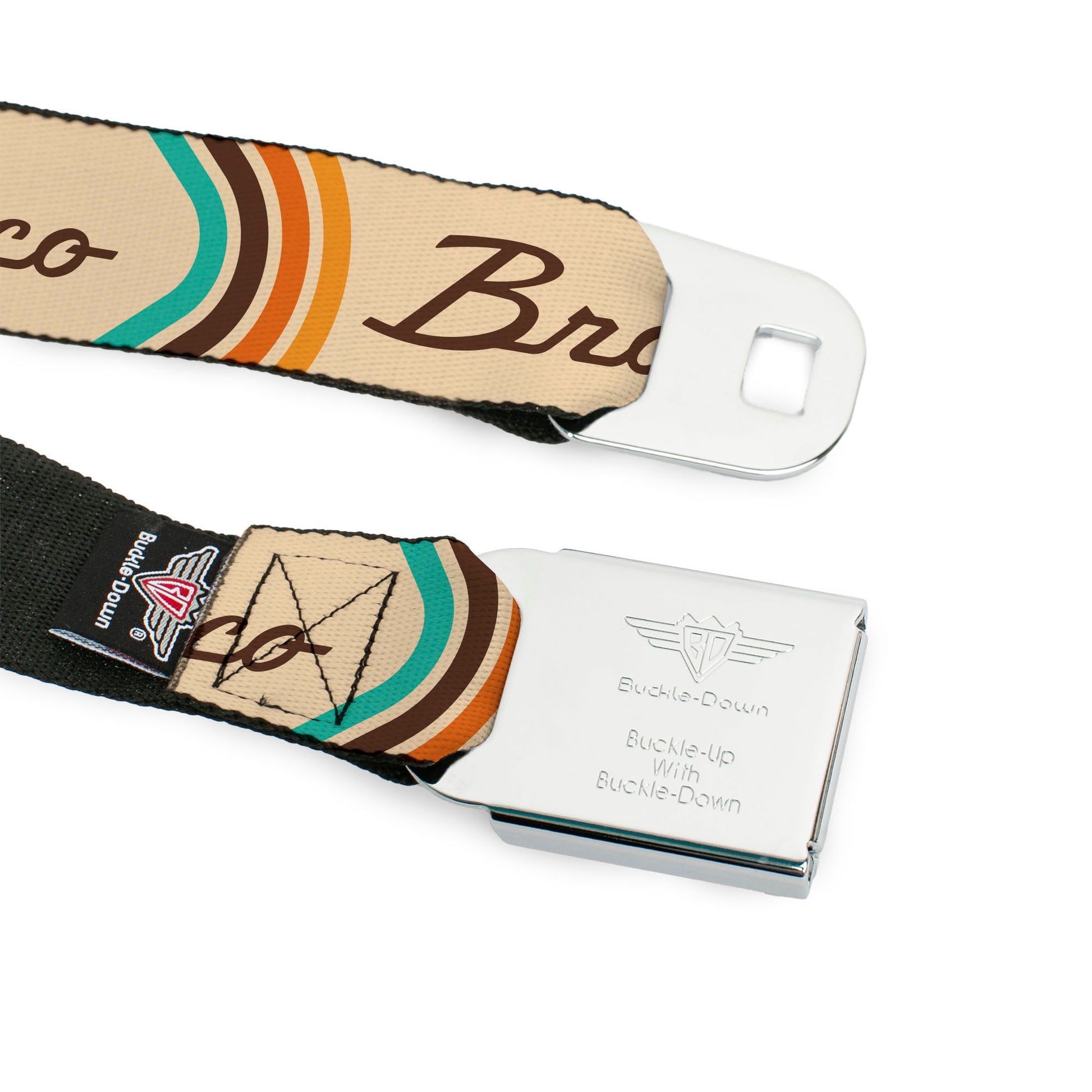 Starburst Seatbelt Belt - Ford BRONCO Script Beige/Brown/Blue/Orange Webbing Seatbelt Belts Ford