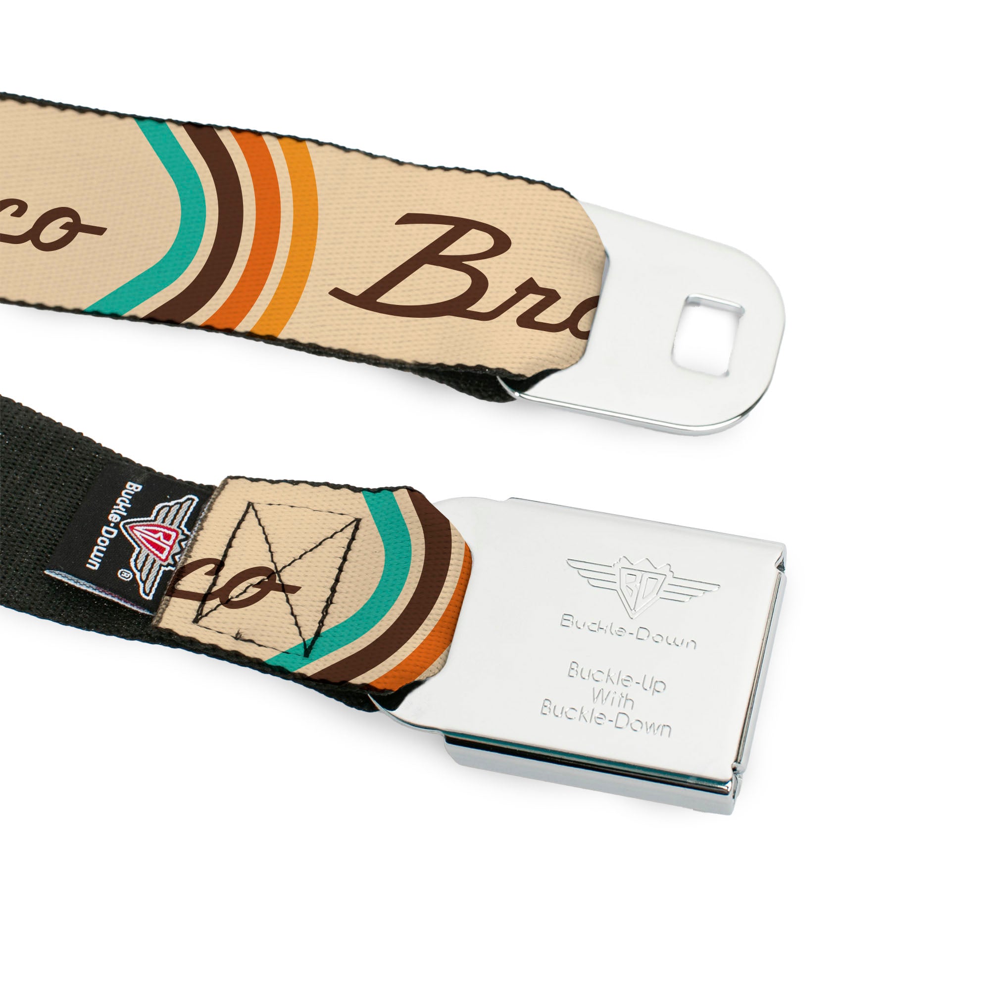 Starburst Seatbelt Belt - Ford BRONCO Script Beige/Brown/Blue/Orange Webbing Seatbelt Belts Ford