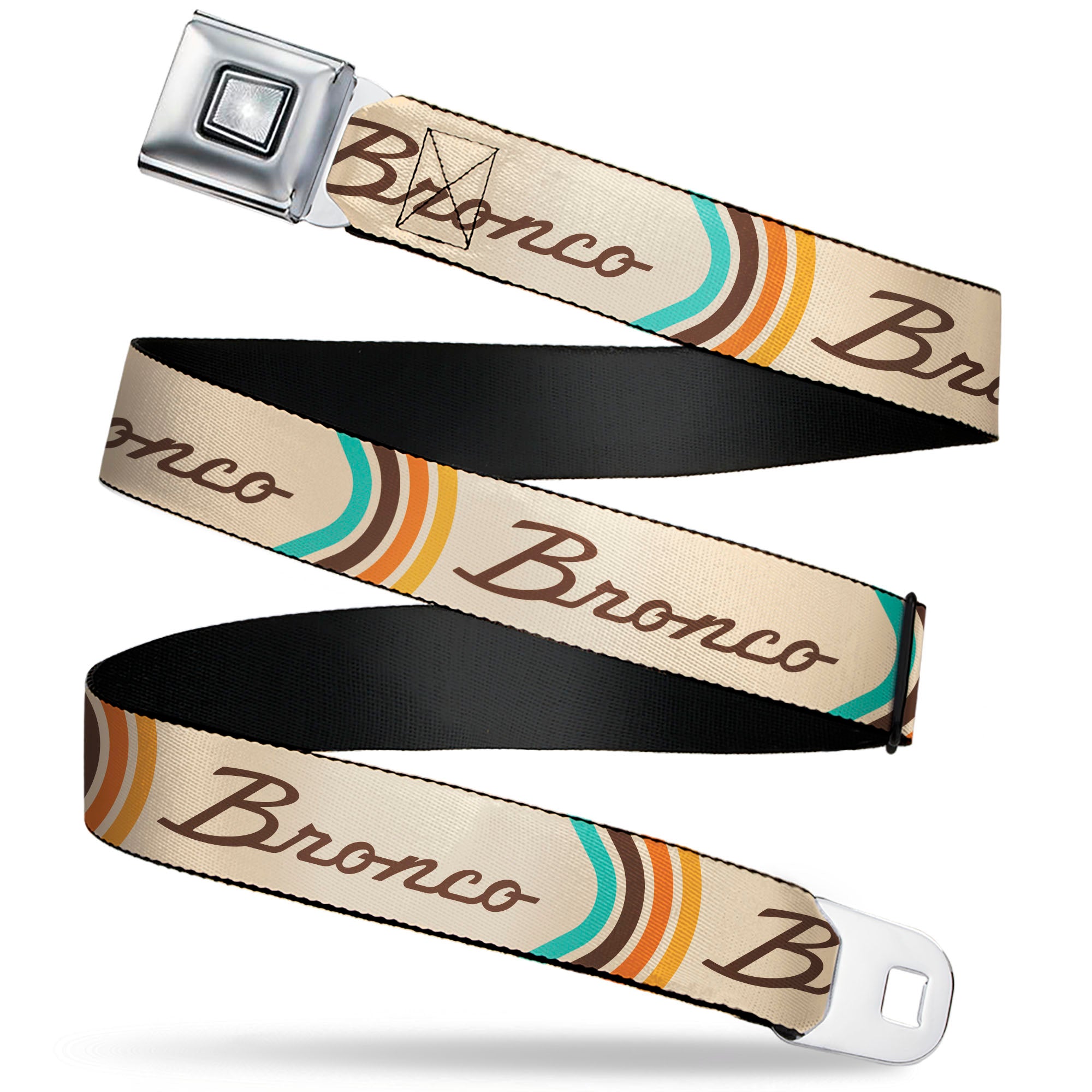 Starburst Seatbelt Belt - Ford BRONCO Script Beige/Brown/Blue/Orange Webbing Seatbelt Belts Ford