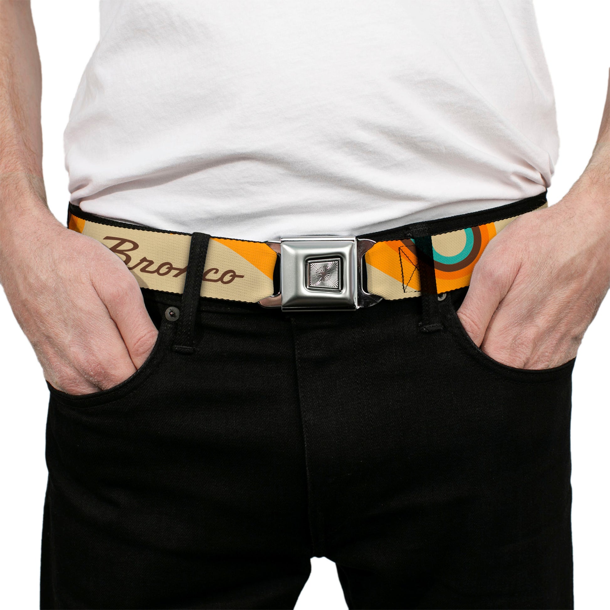 Starburst Seatbelt Belt - Ford BRONCO Script Wave Beige/Brown/Blue/Orange Webbing Seatbelt Belts Ford