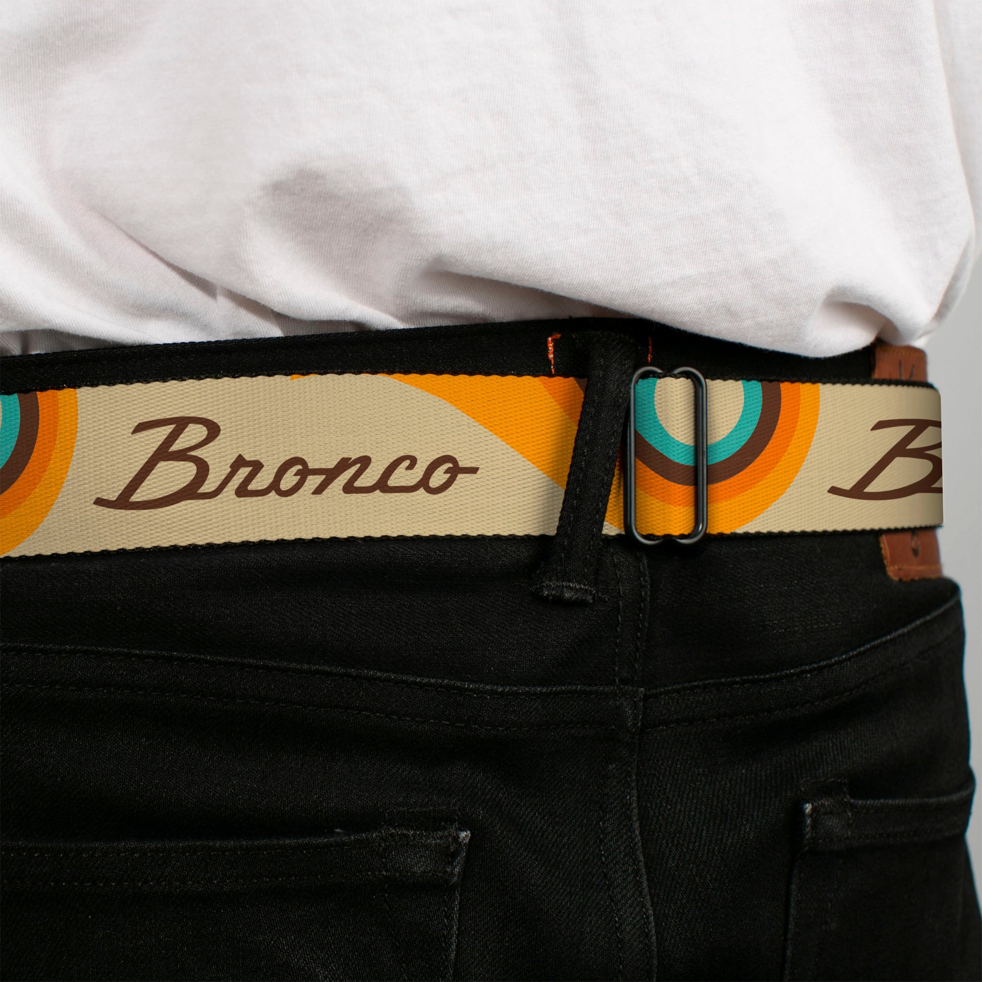 Starburst Seatbelt Belt - Ford BRONCO Script Wave Beige/Brown/Blue/Orange Webbing Seatbelt Belts Ford