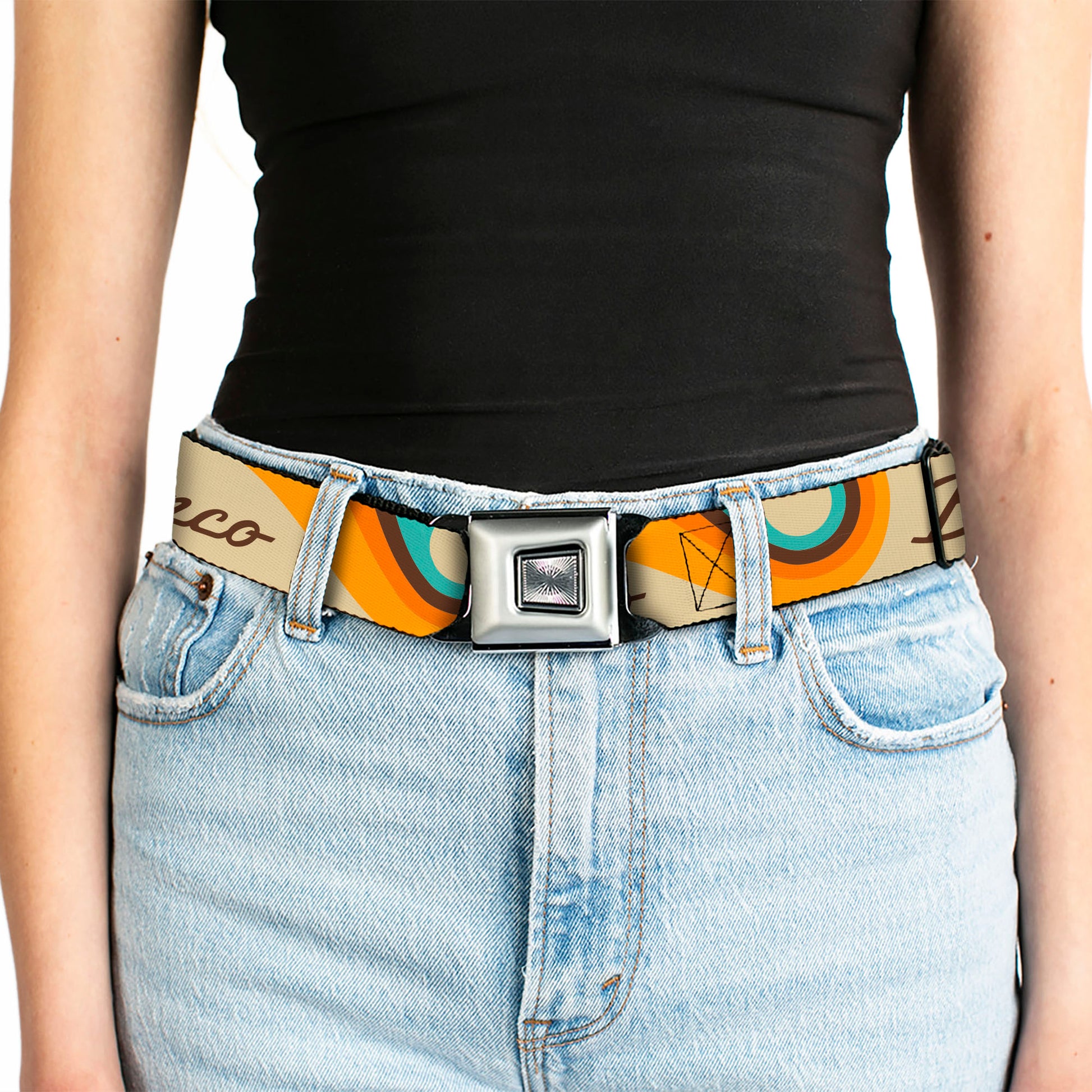 Starburst Seatbelt Belt - Ford BRONCO Script Wave Beige/Brown/Blue/Orange Webbing Seatbelt Belts Ford