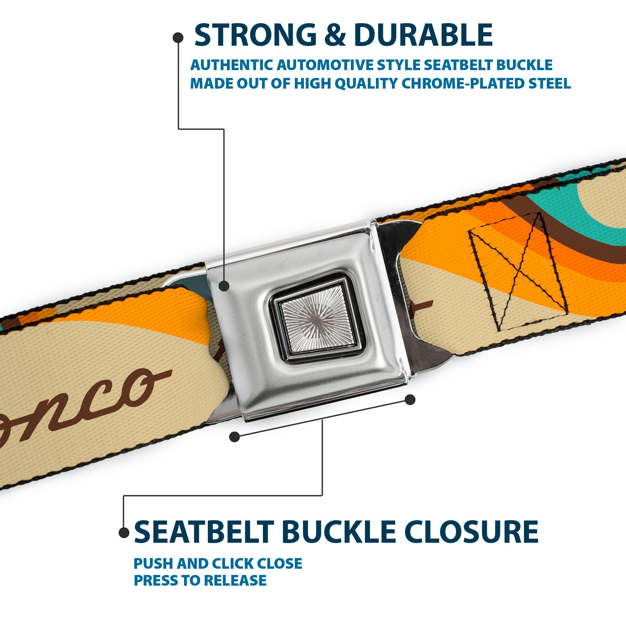 Starburst Seatbelt Belt - Ford BRONCO Script Wave Beige/Brown/Blue/Orange Webbing Seatbelt Belts Ford