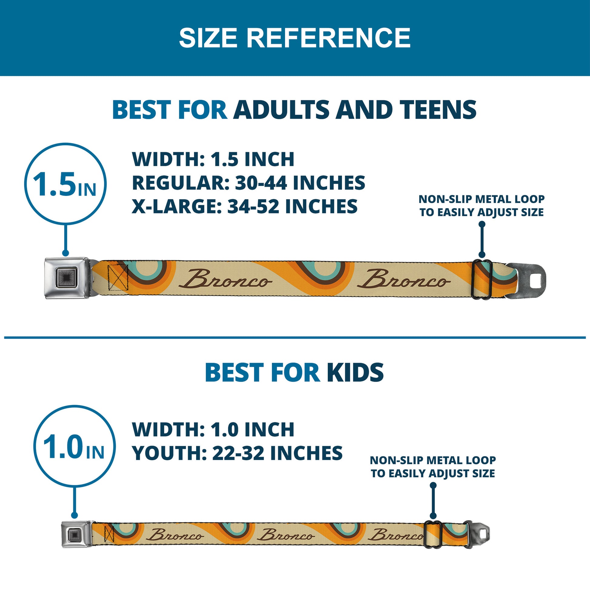 Starburst Seatbelt Belt - Ford BRONCO Script Wave Beige/Brown/Blue/Orange Webbing Seatbelt Belts Ford