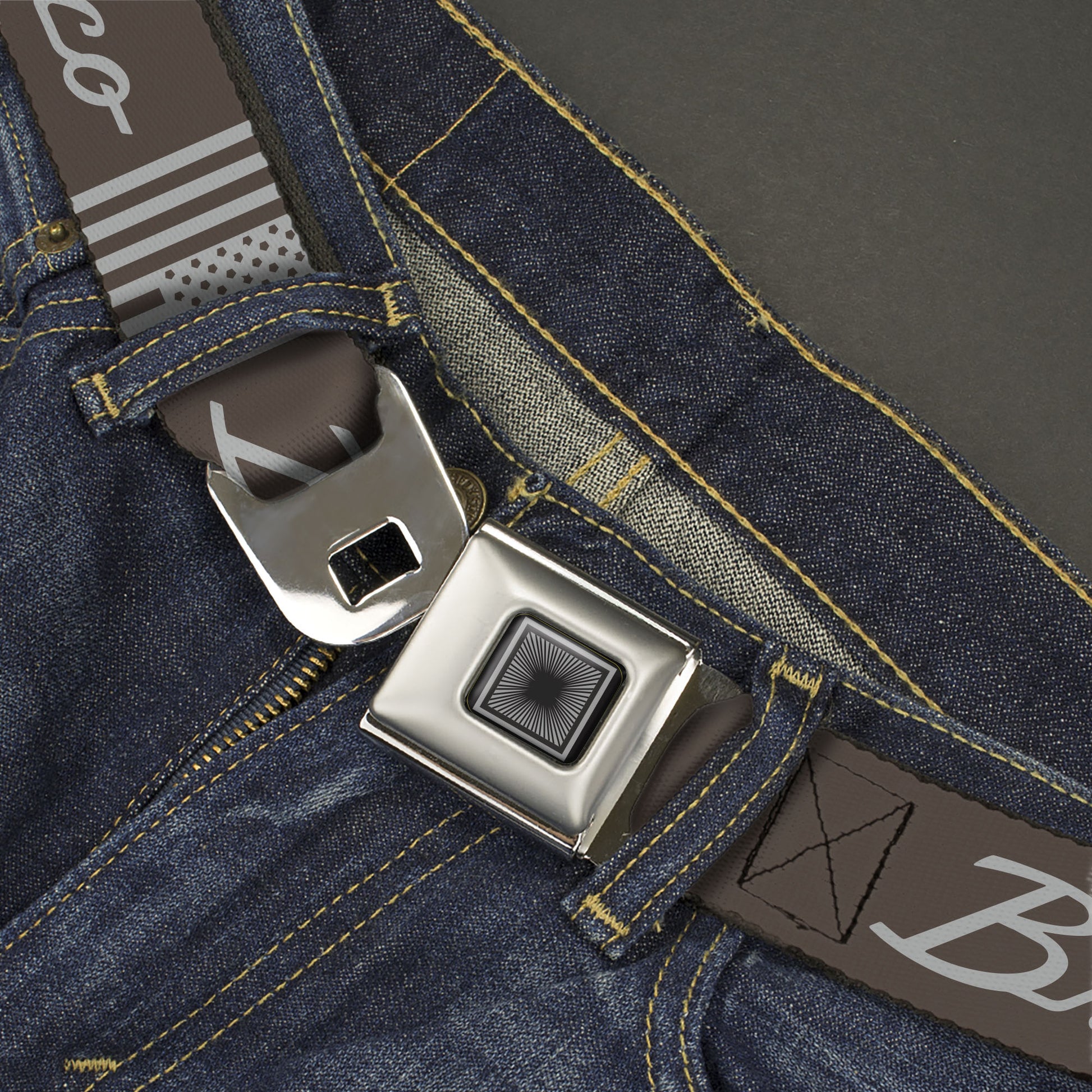 Starburst Seatbelt Belt - Ford BRONCO Americana Stars and Stripes Black/Gray Webbing Seatbelt Belts Ford