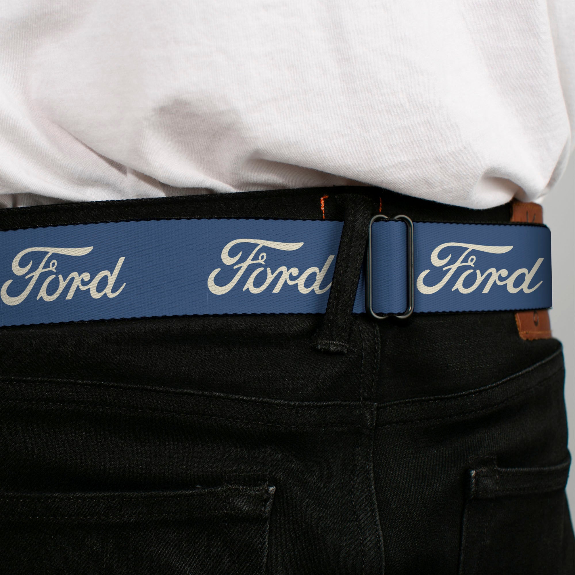 Starburst Seatbelt Belt - FORD Script Blue/White Webbing Seatbelt Belts Ford